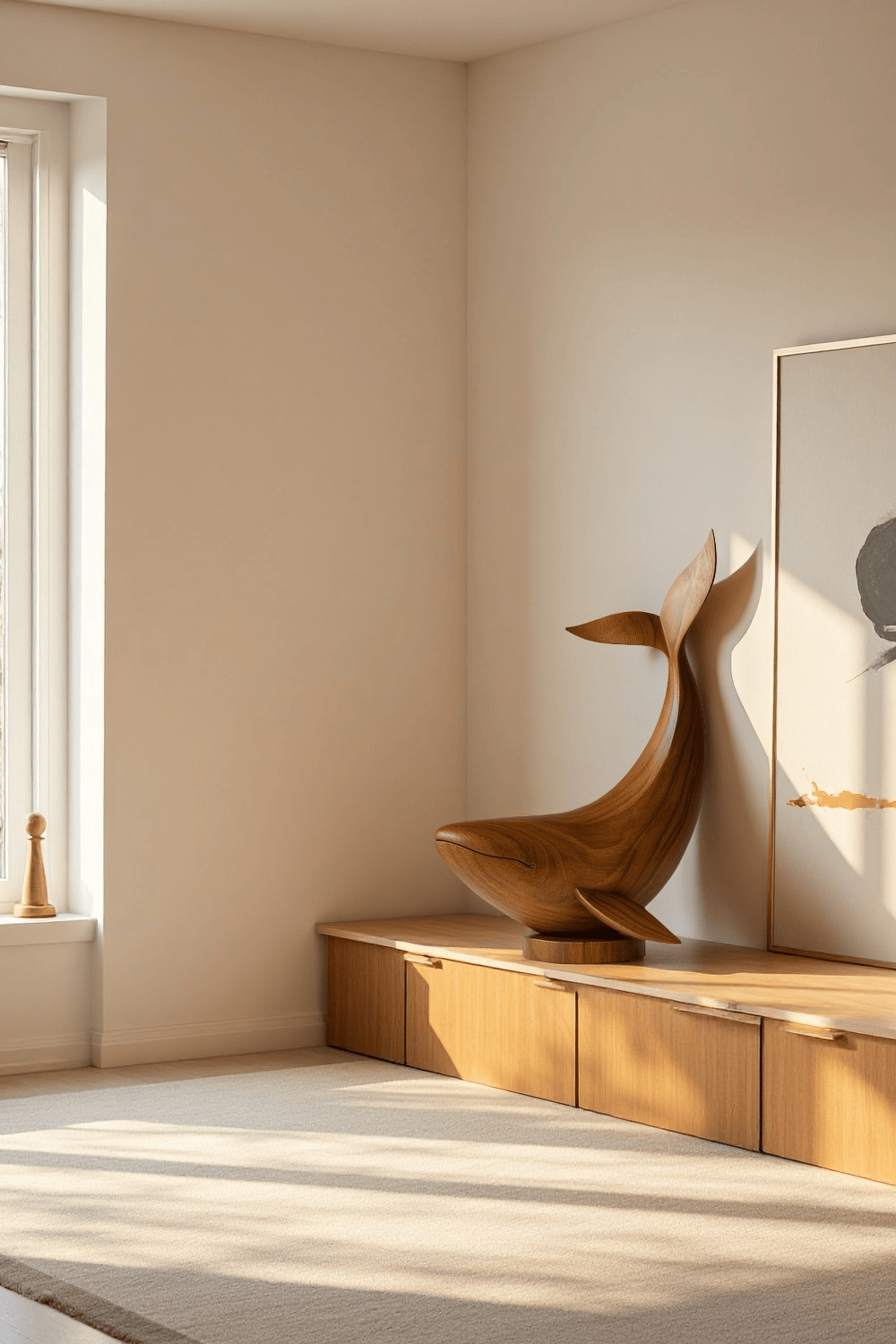 Modern Wooden Fish Sculpture Abstract Handcarved Decor Piece Wood Art