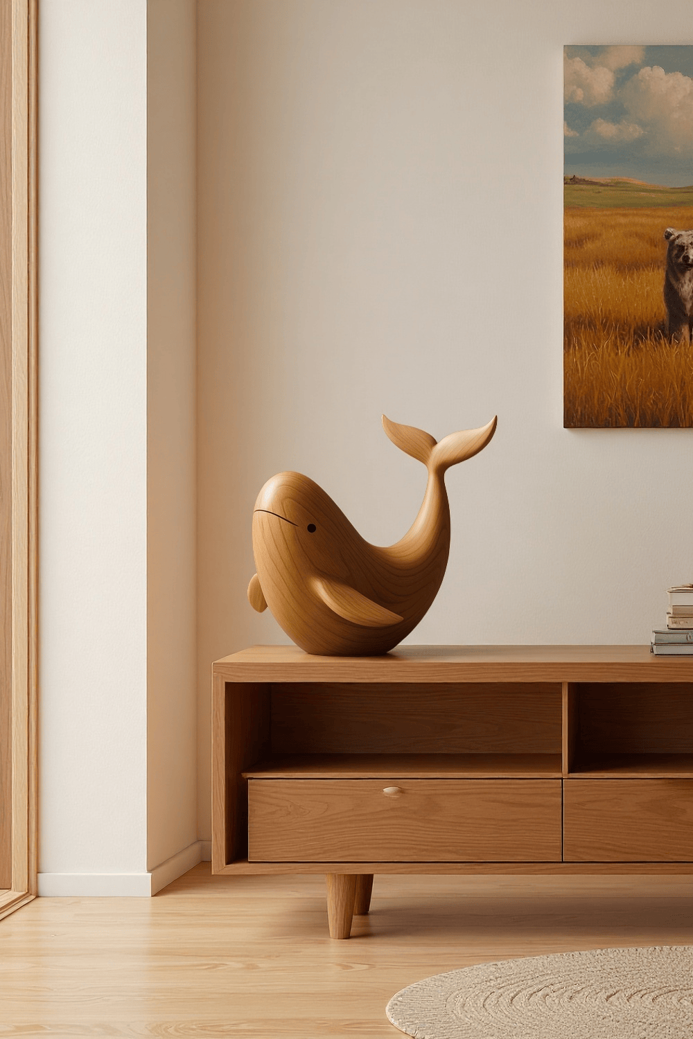 Modern Wooden Fish Sculpture Abstract Handcarved Decor Piece Wood Art