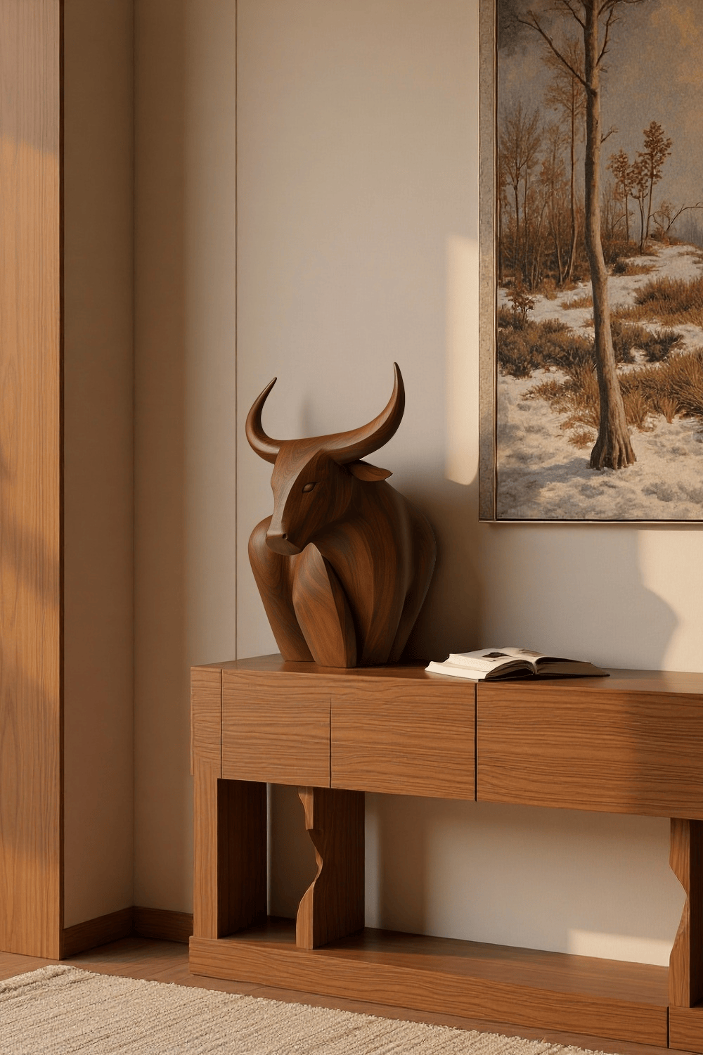 Handcrafted Wooden Bull Sculpture Bull Statue Wood Animal Figurines Art