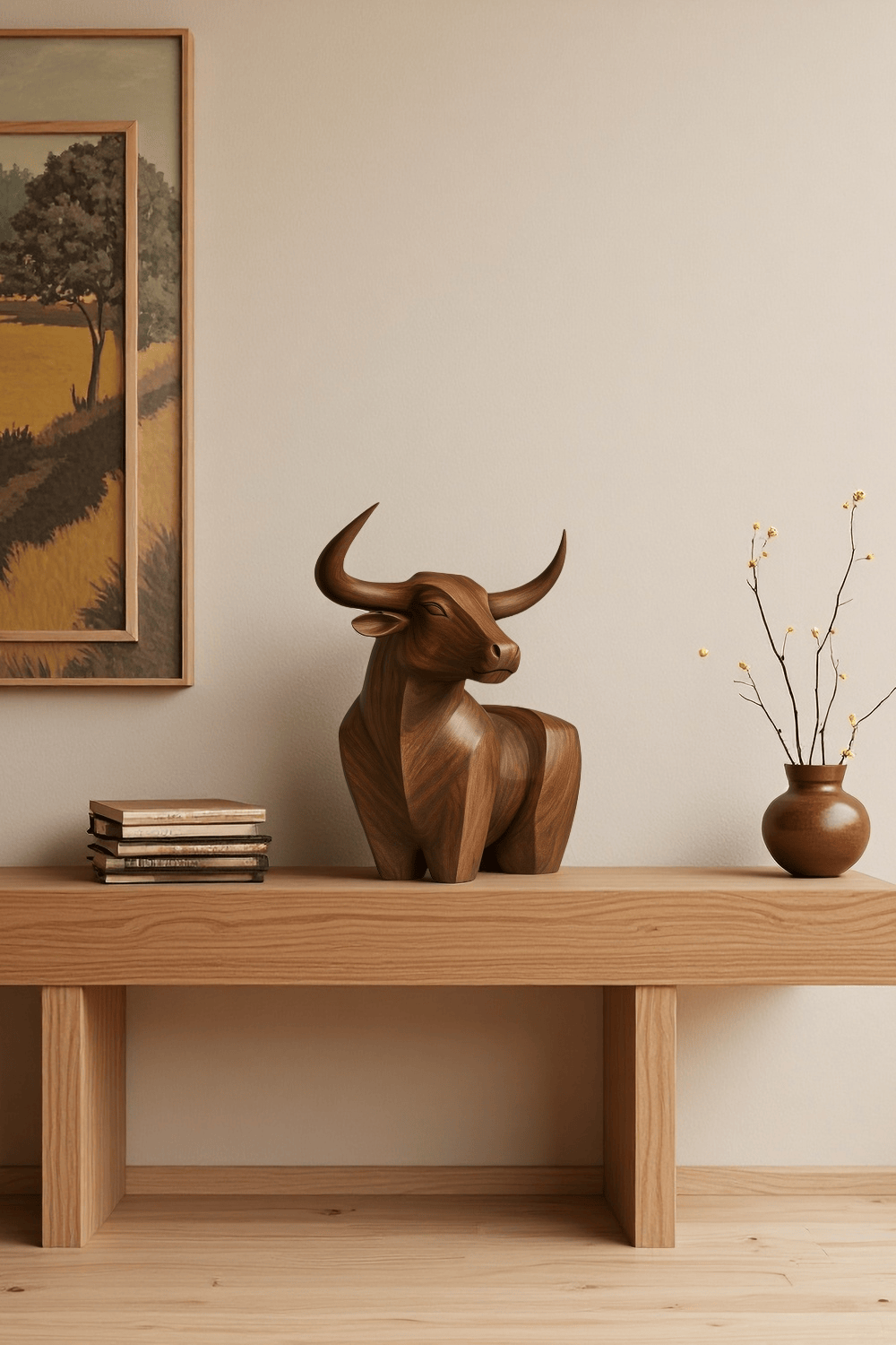 Handcrafted Wooden Bull Sculpture Bull Statue Wood Animal Figurines Art