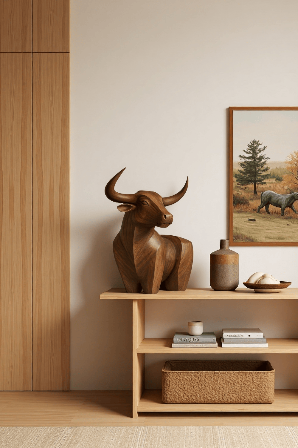 Handcrafted Wooden Bull Sculpture Bull Statue Wood Animal Figurines Art