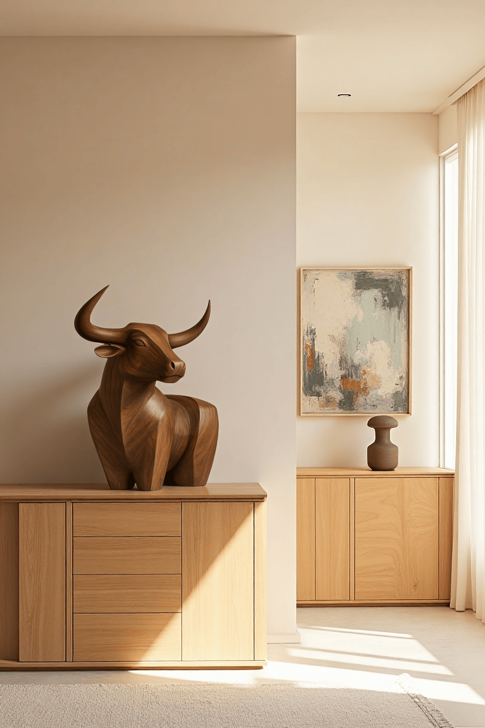 Handcrafted Wooden Bull Sculpture Bull Statue Wood Animal Figurines Art
