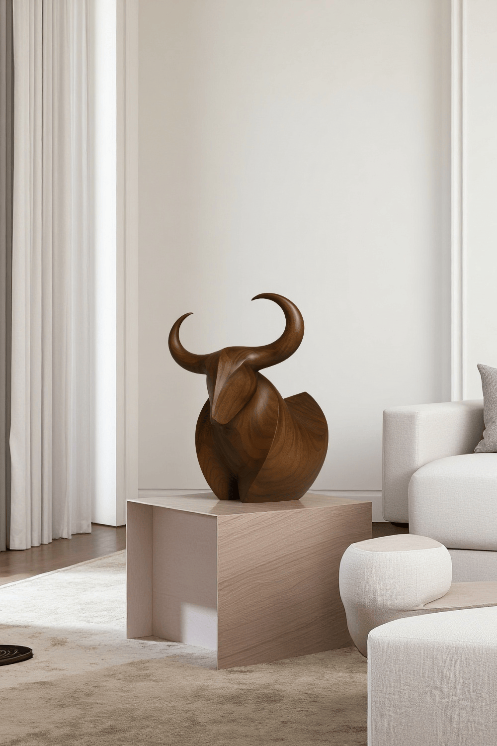 Handcrafted Wooden Bull Sculpture Bull Statue Wood Animal Figurines Art