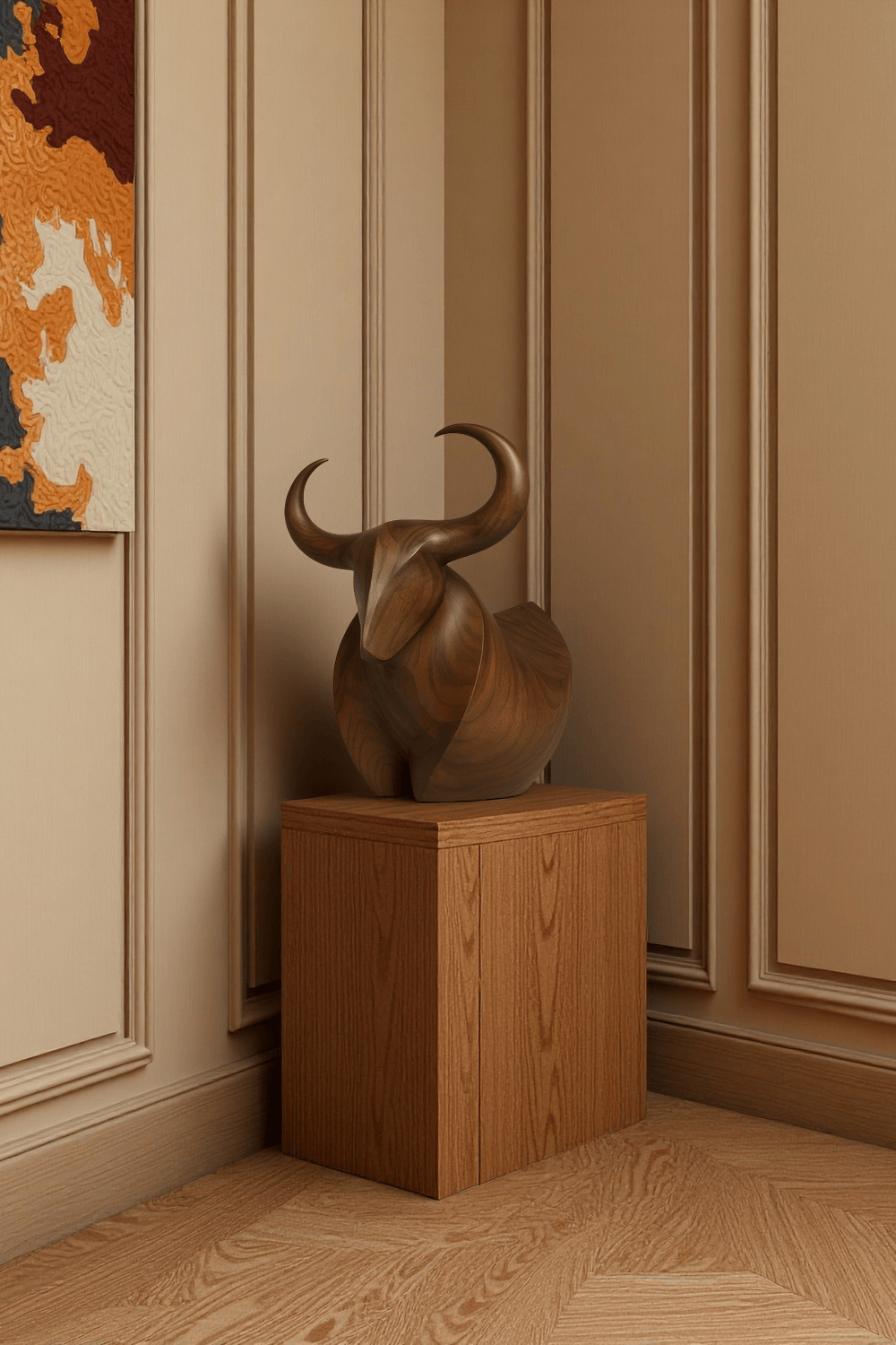 Handcrafted Wooden Bull Sculpture Bull Statue Wood Animal Figurines Art