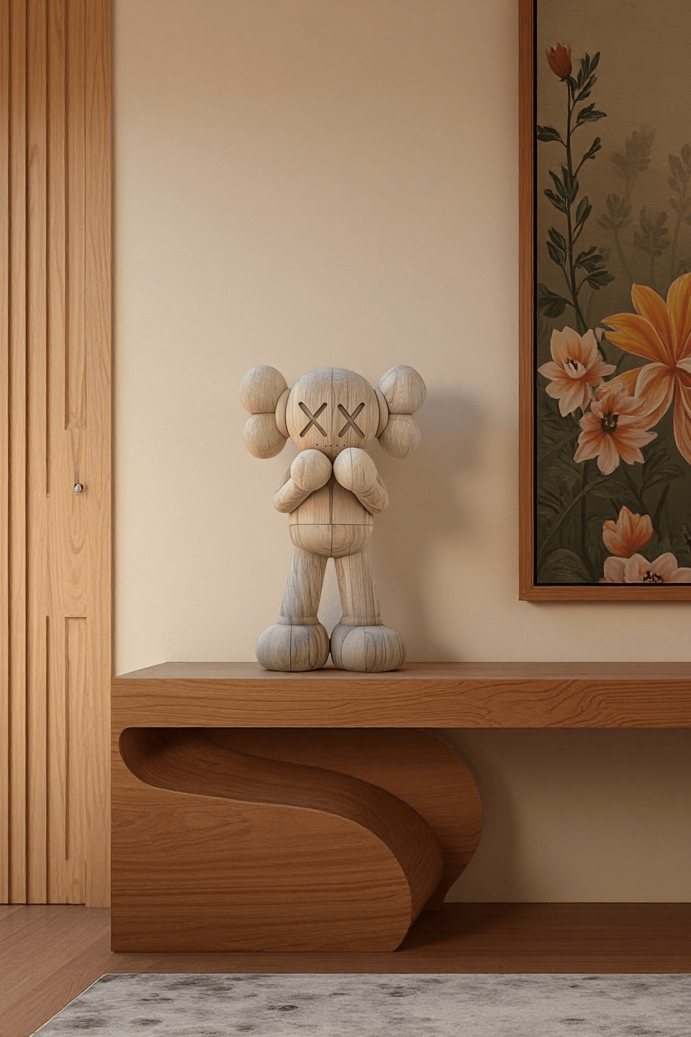 Handcrafted Wooden Kaws Style Sculpture Modern Wood Sculpture Art Decor