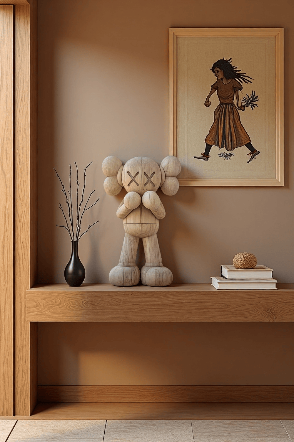 Handcrafted Wooden Kaws Style Sculpture Modern Wood Sculpture Art Decor