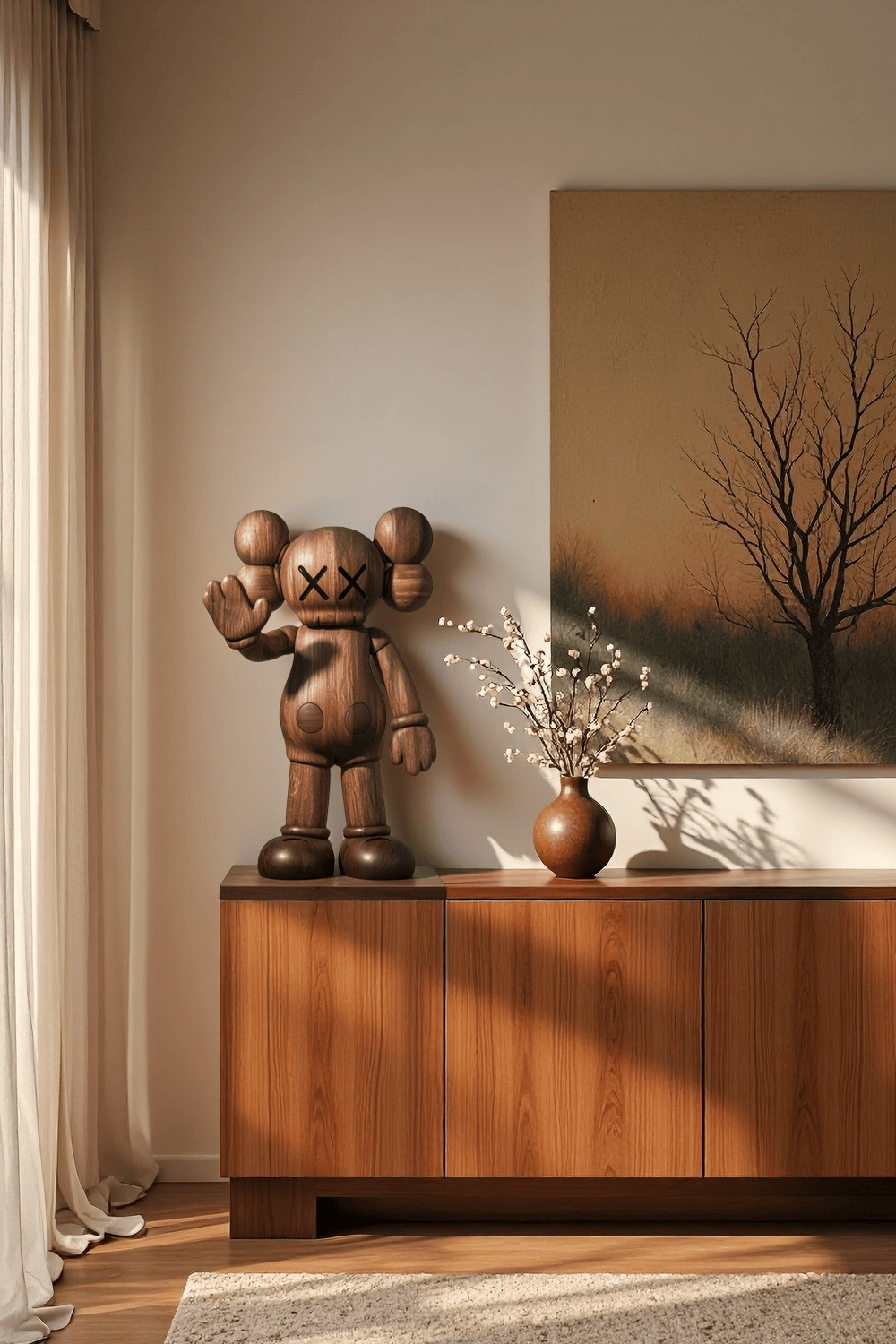 Handcrafted Wooden Kaws Style Sculpture Modern Wood Sculpture Art Decor