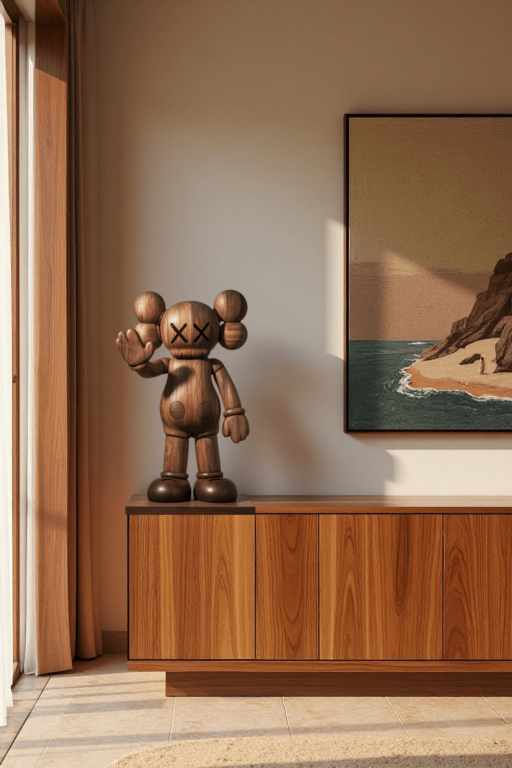 Handcrafted Wooden Kaws Style Sculpture Modern Wood Sculpture Art Decor