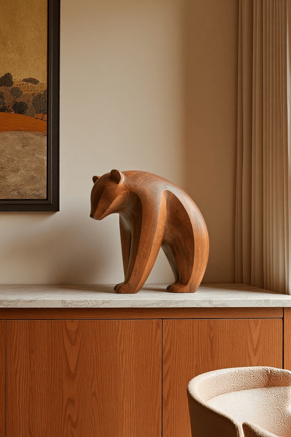 Abstract Wooden Bear Sculpture Handcarved Modern Animal Wood Sculpture