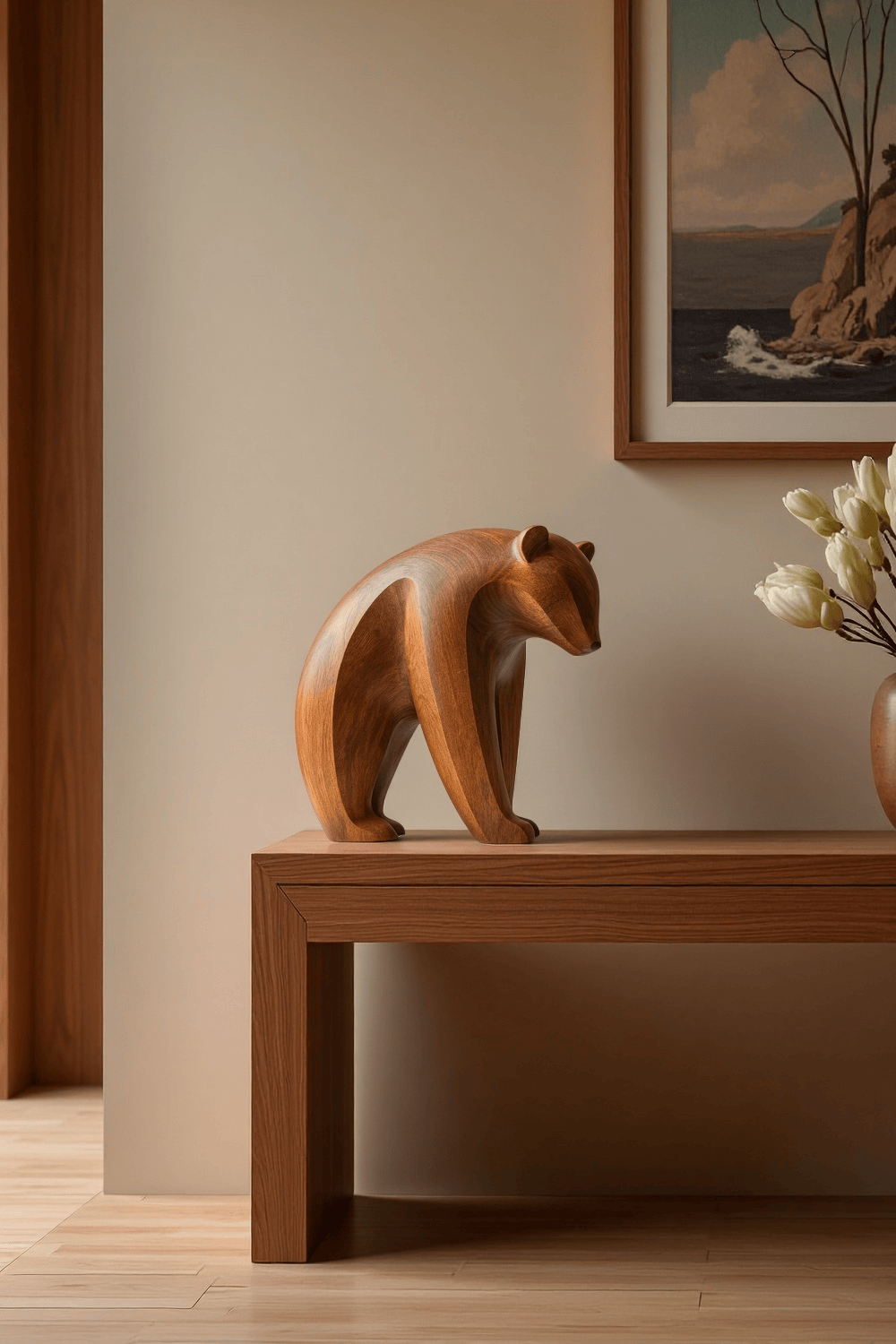 Abstract Wooden Bear Sculpture Handcarved Modern Animal Wood Sculpture
