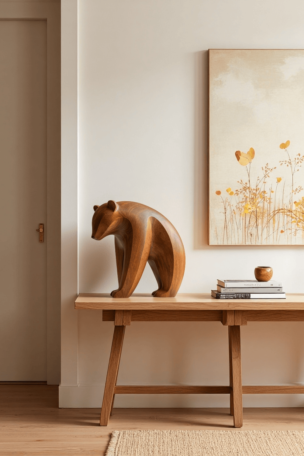 Abstract Wooden Bear Sculpture Handcarved Modern Animal Wood Sculpture