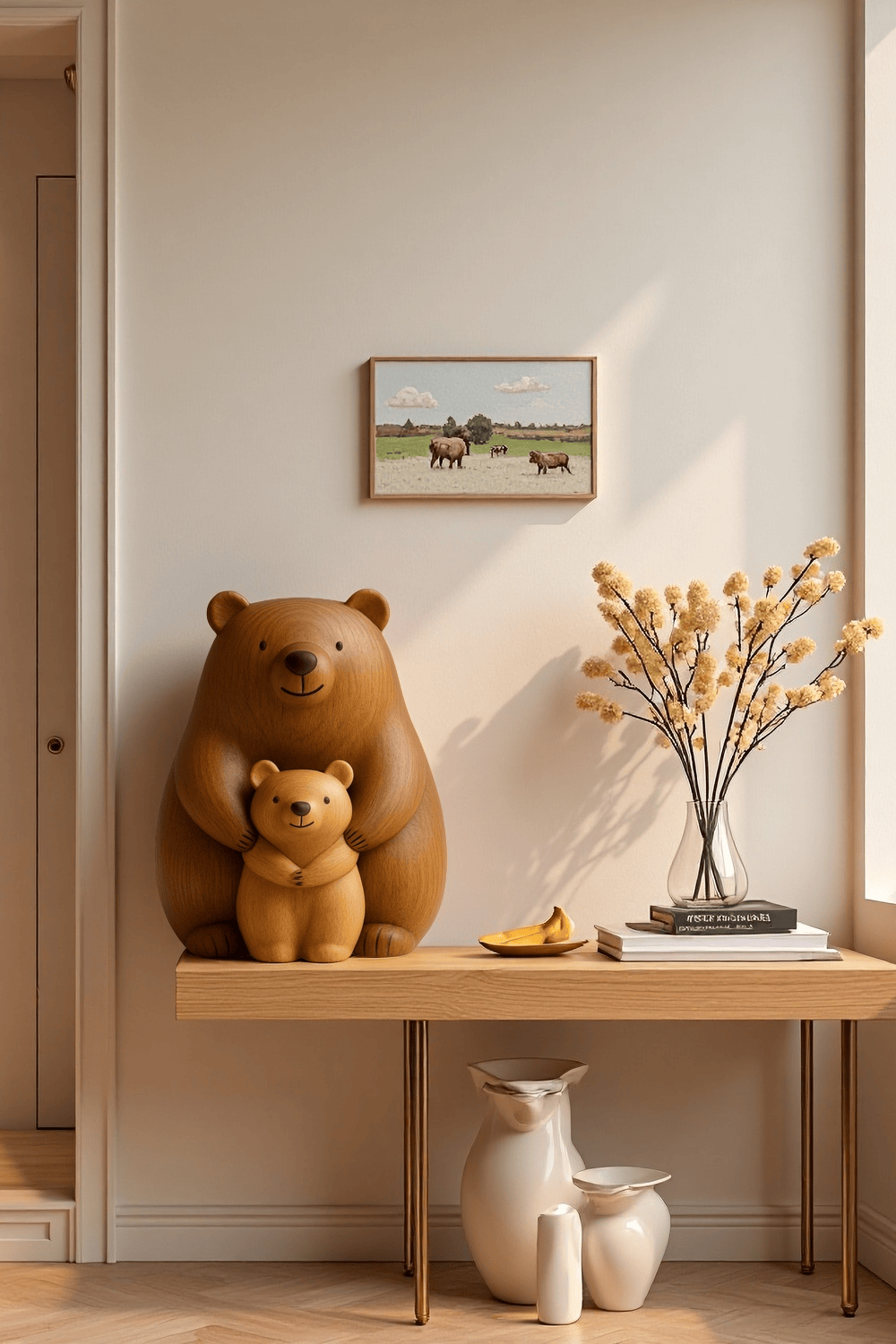 Abstract Wooden Bear Sculpture Handcarved Modern Animal Wood Sculpture