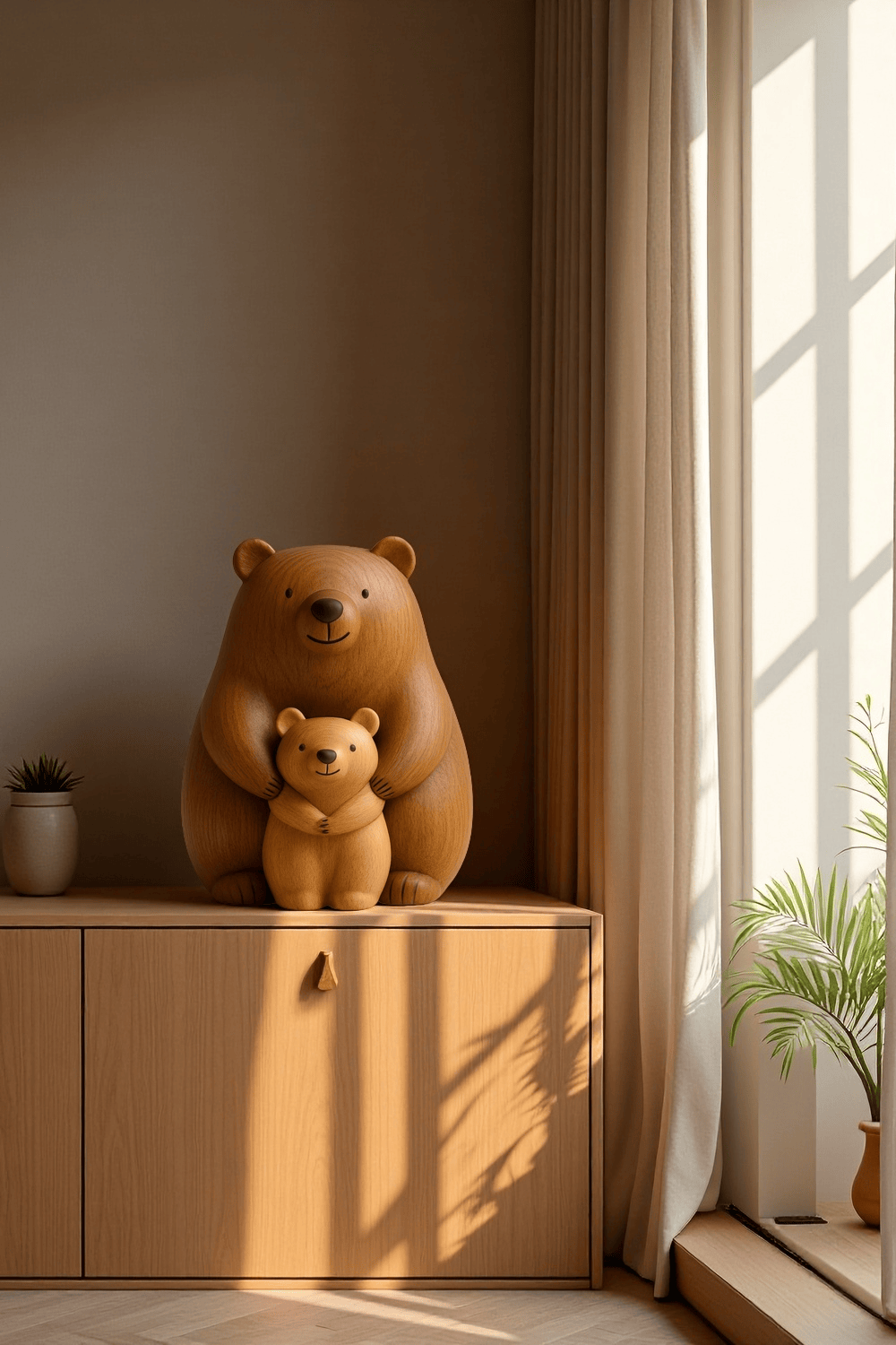 Abstract Wooden Bear Sculpture Handcarved Modern Animal Wood Sculpture