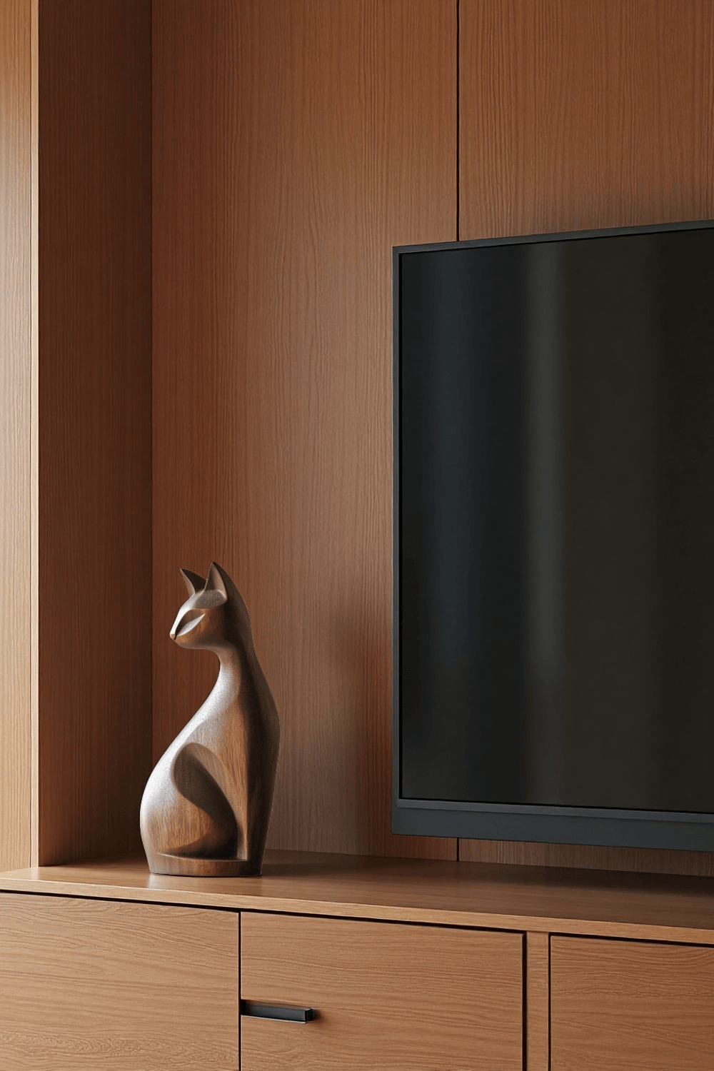 Handcrafted Wooden Cat Sculpture Modern Minimalist Home Decor Statue