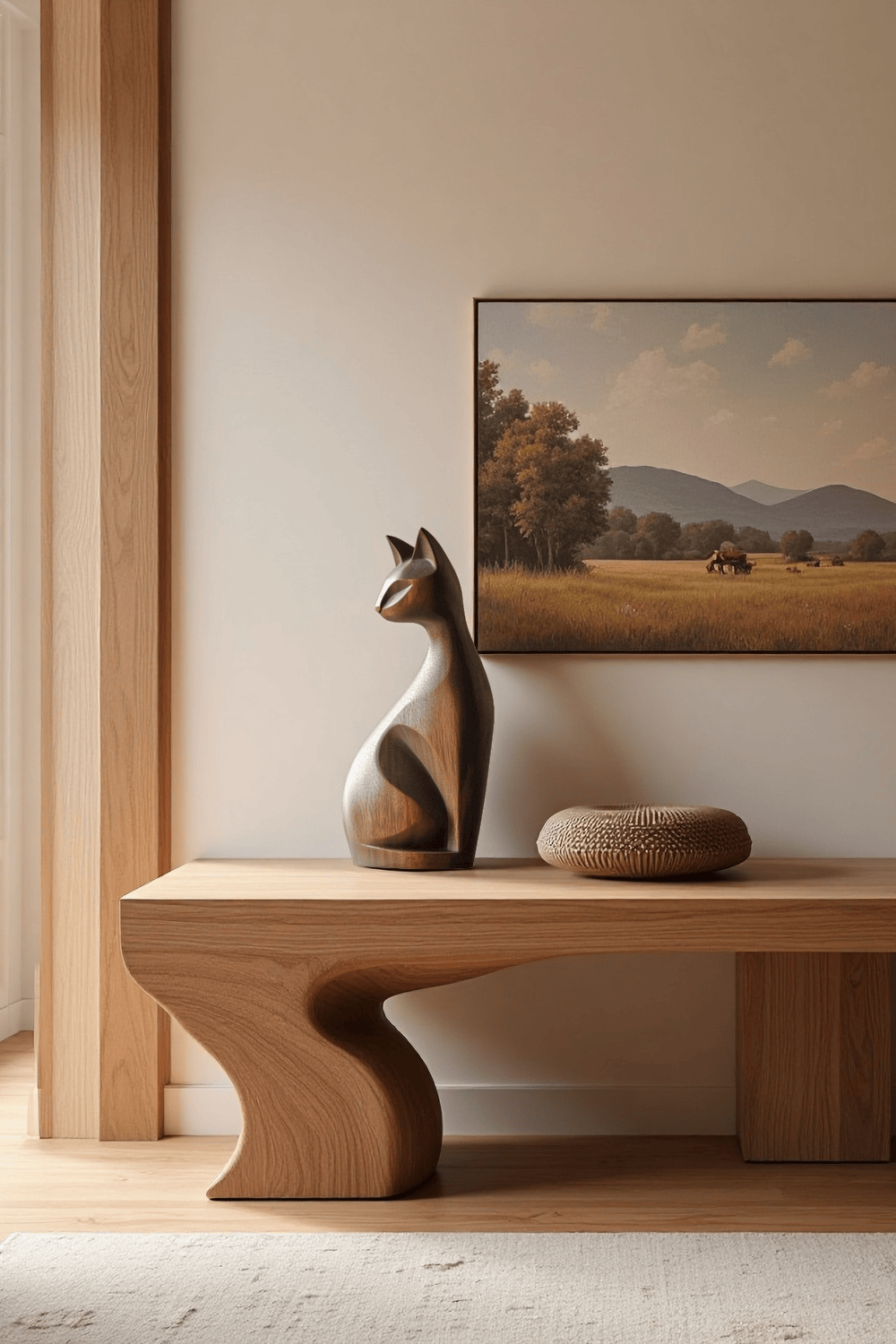 Handcrafted Wooden Cat Sculpture Modern Minimalist Home Decor Statue