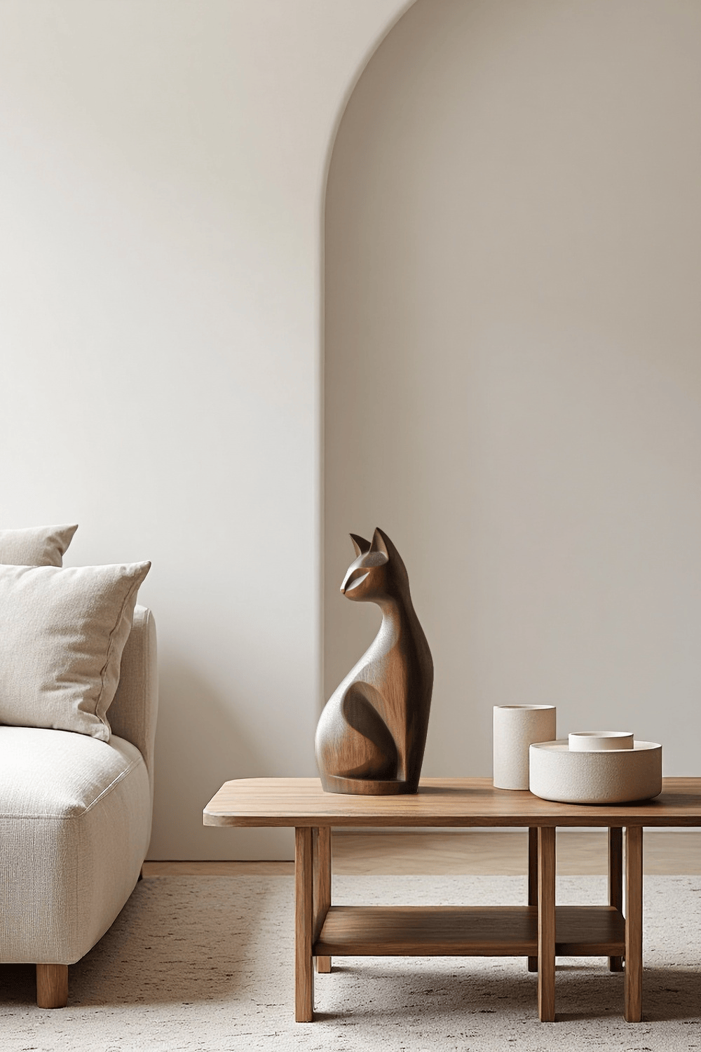 Handcrafted Wooden Cat Sculpture Modern Minimalist Home Decor Statue