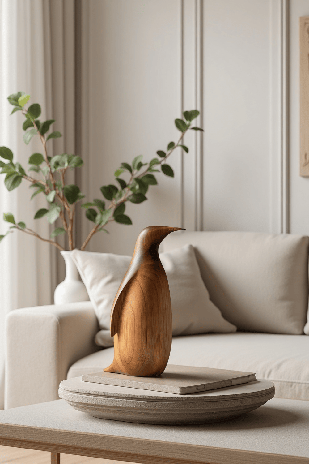 Modern Penguin Sculpture for Minimalist Spaces Handcrafted Wooden Art