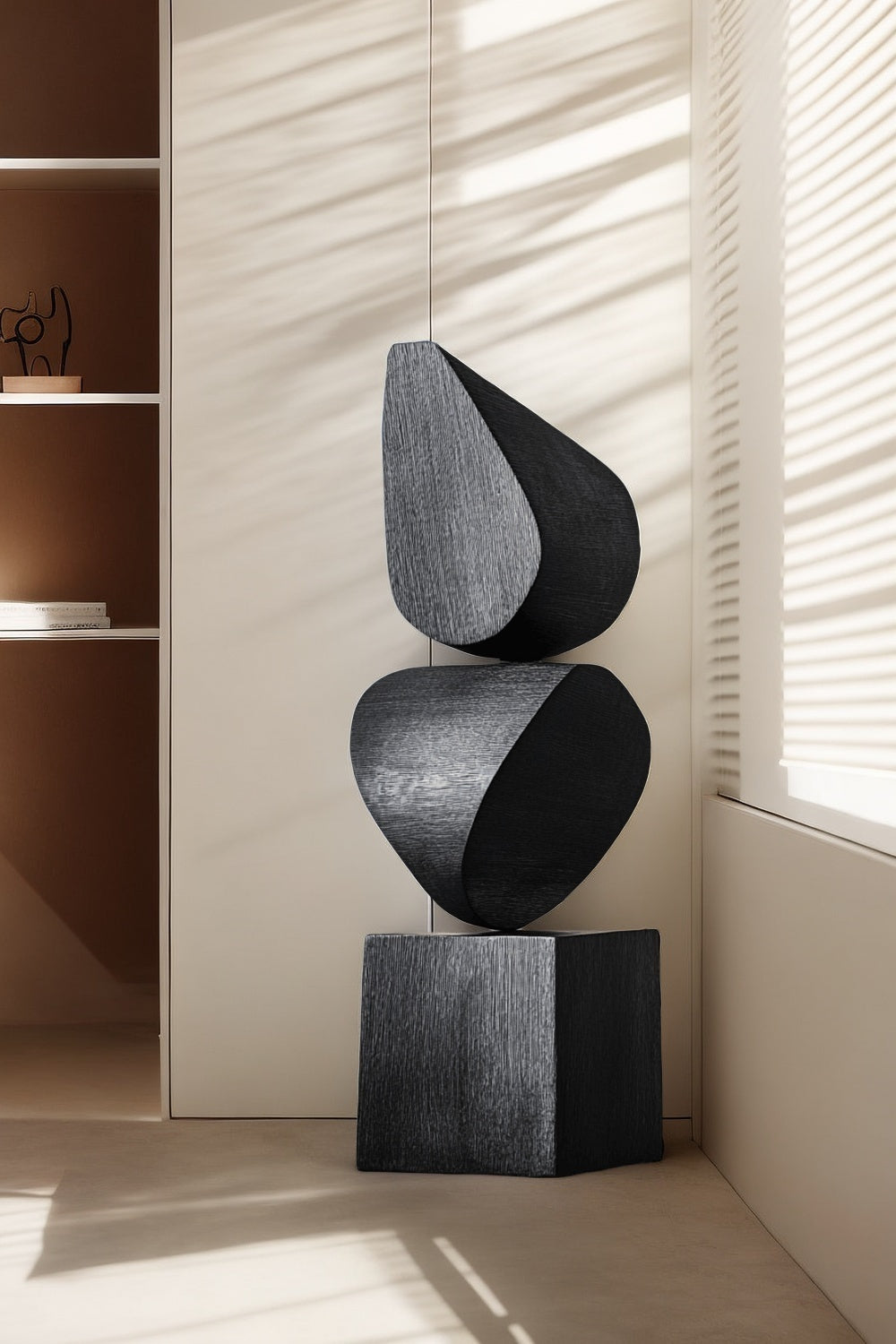 Black Geometric Fine Art Wood Sculpture Lagre Floor Standing Modern Wood Carving