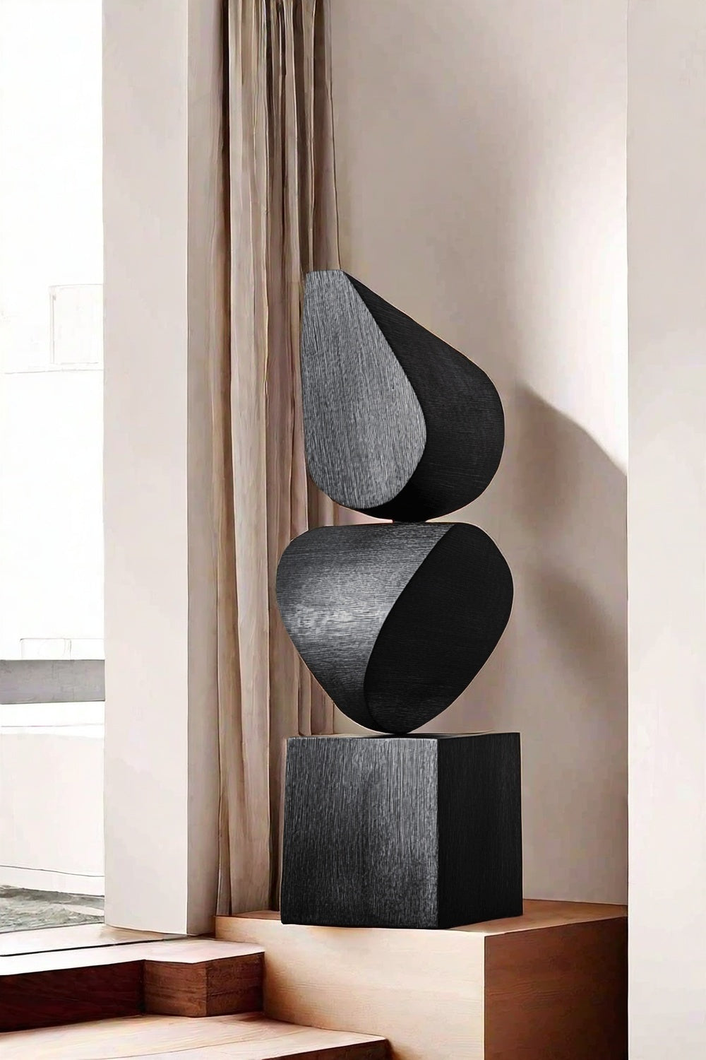 Black Geometric Fine Art Wood Sculpture Lagre Floor Standing Modern Wood Carving