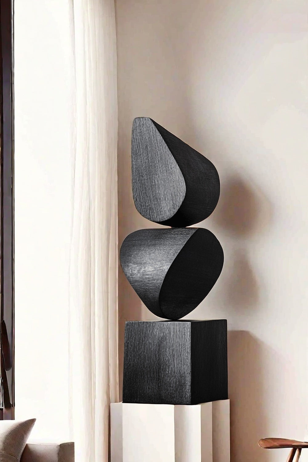 Black Geometric Fine Art Wood Sculpture Lagre Floor Standing Modern Wood Carving
