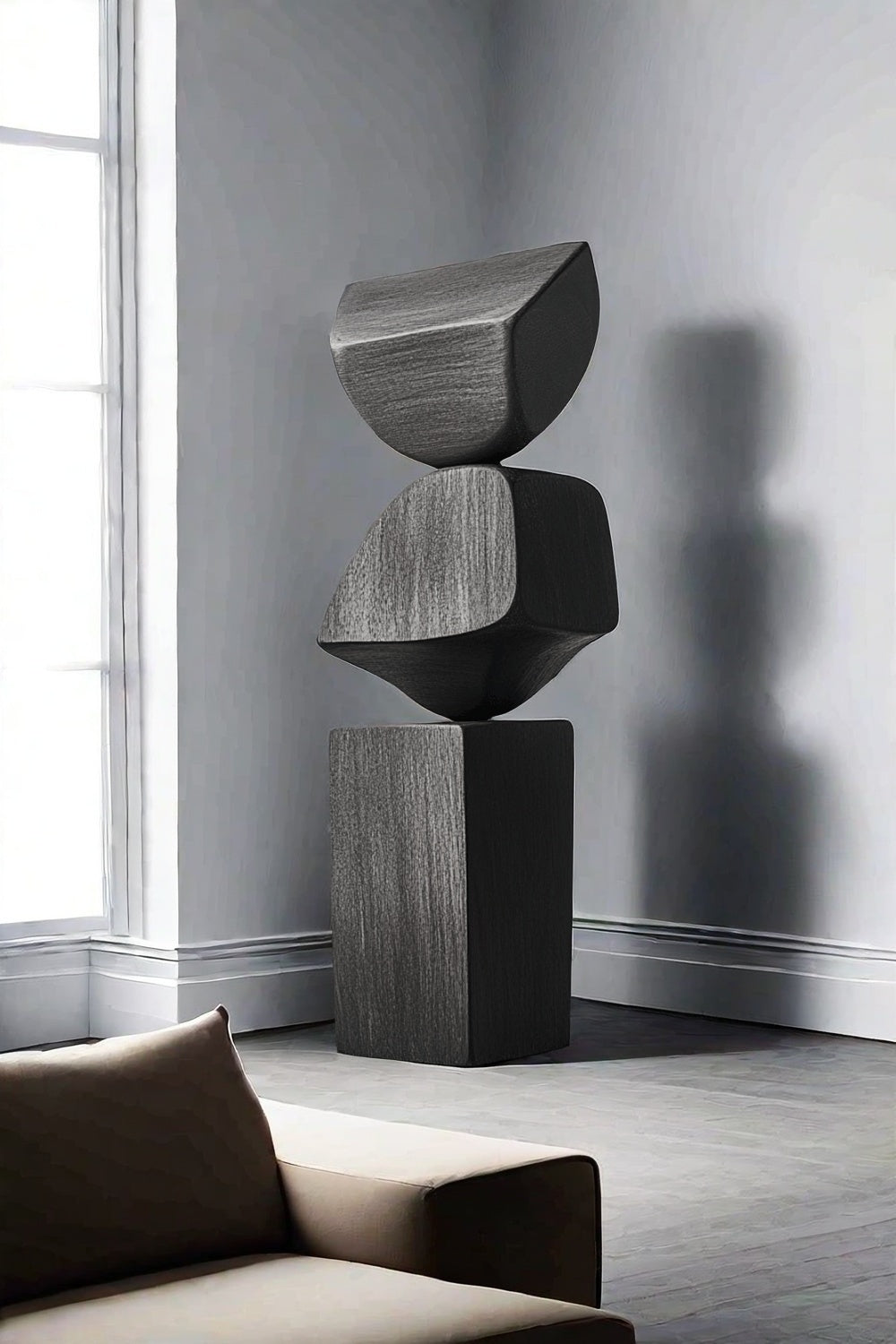 Black Geometric Fine Art Wood Sculpture Lagre Floor Standing Modern Wood Carving