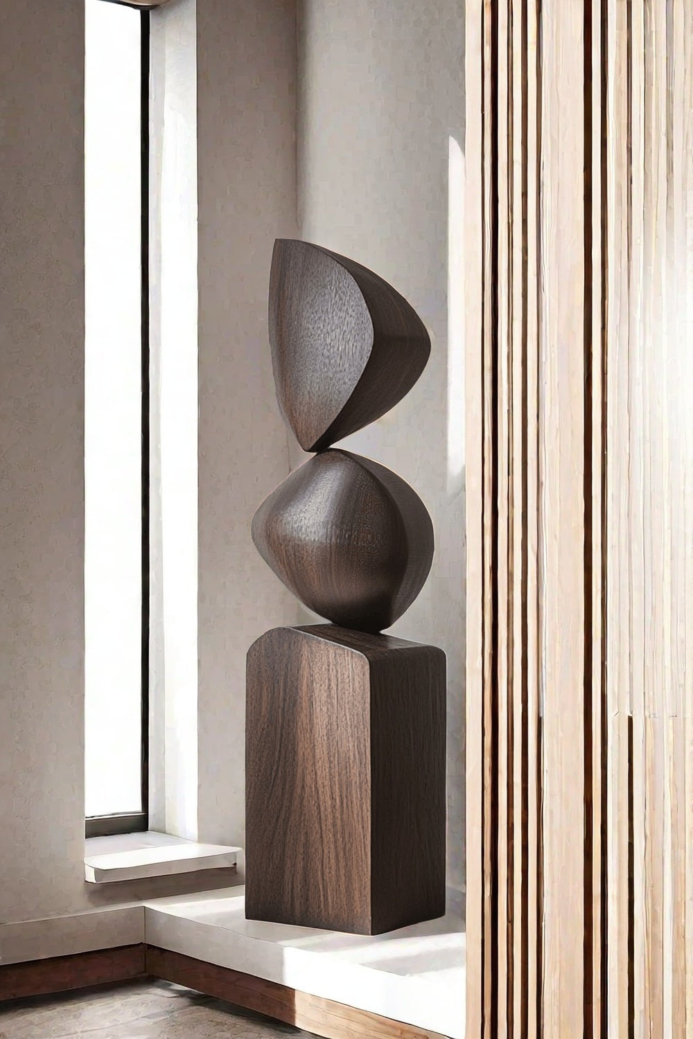 Black Geometric Fine Art Wood Sculpture Lagre Floor Standing Modern Wood Carving