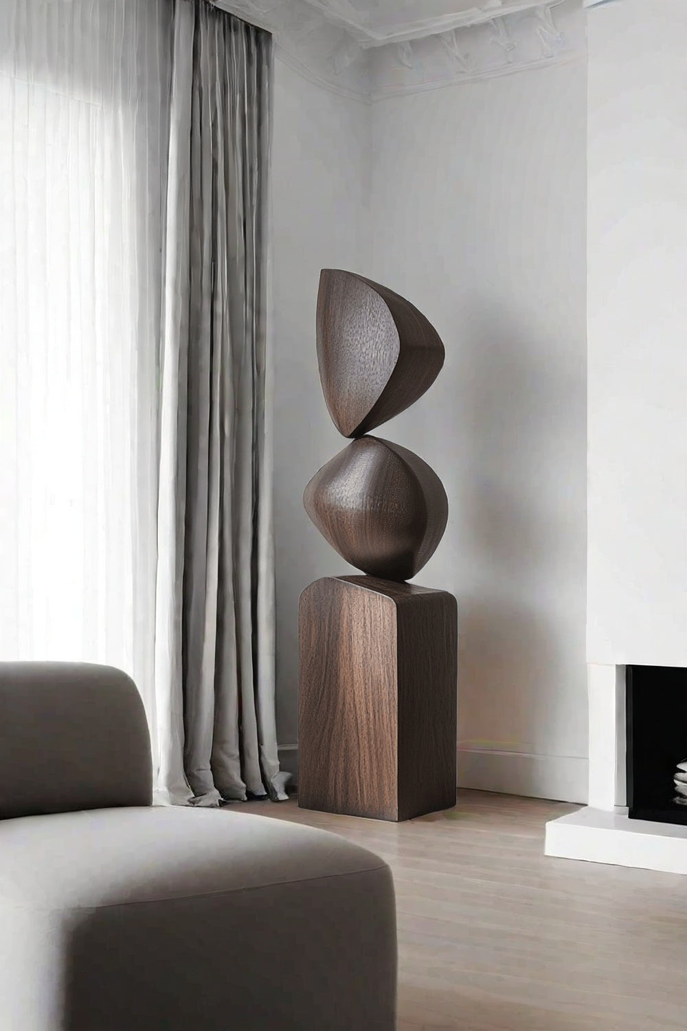 Black Geometric Fine Art Wood Sculpture Lagre Floor Standing Modern Wood Carving