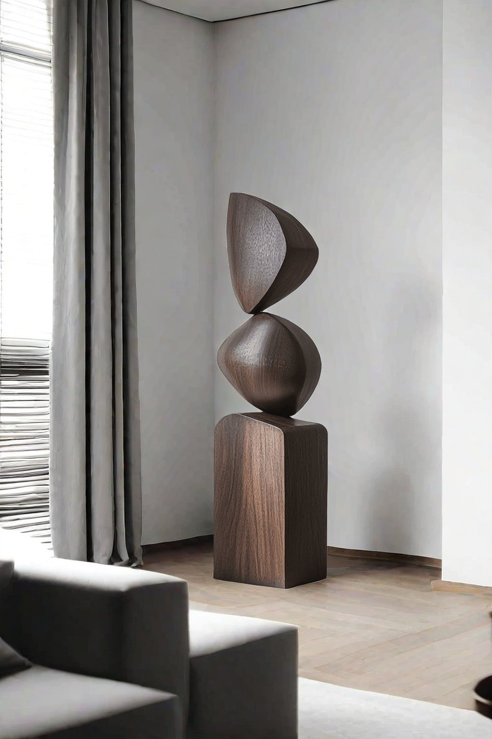 Black Geometric Fine Art Wood Sculpture Lagre Floor Standing Modern Wood Carving