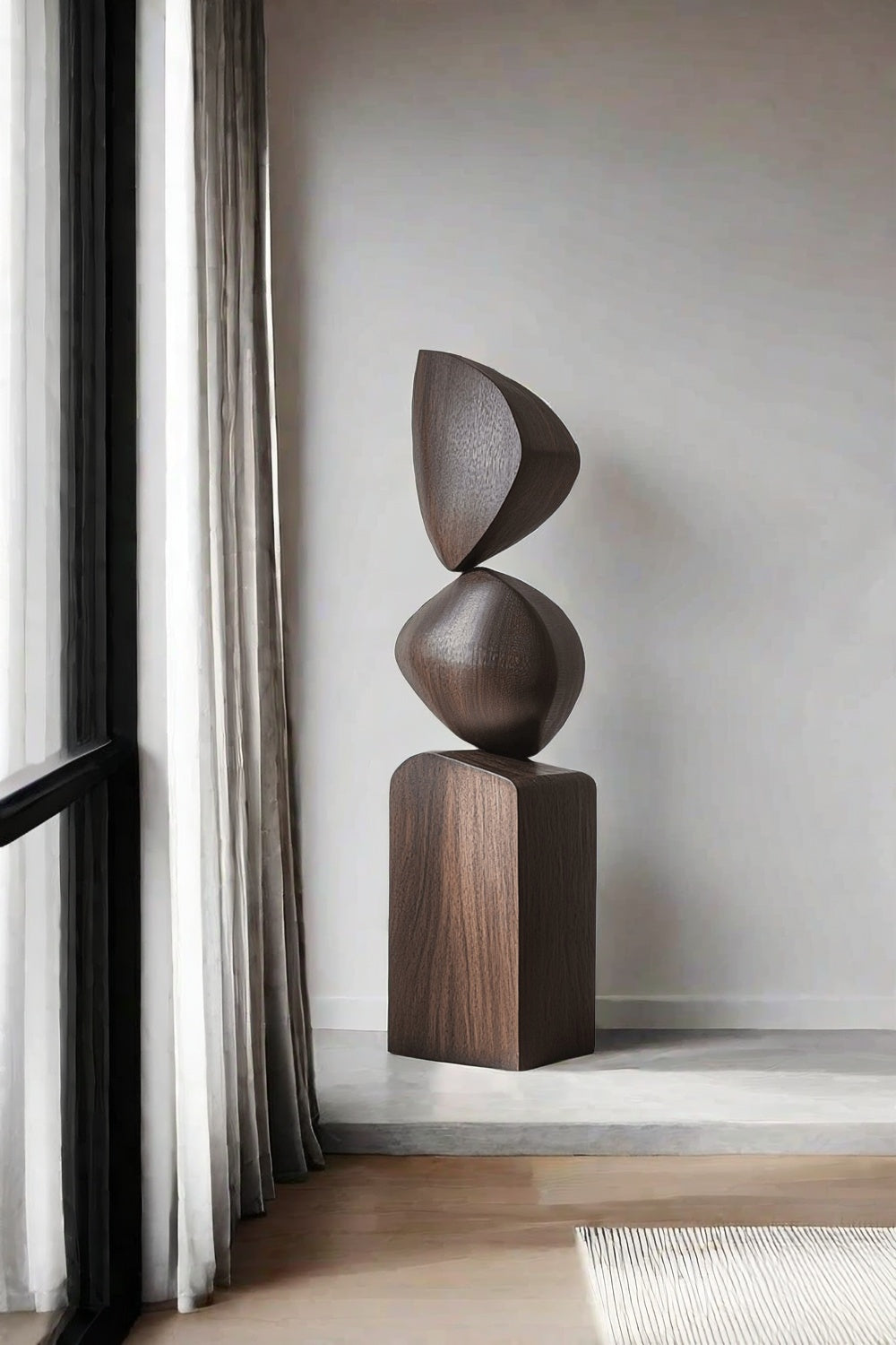 Black Geometric Fine Art Wood Sculpture Lagre Floor Standing Modern Wood Carving
