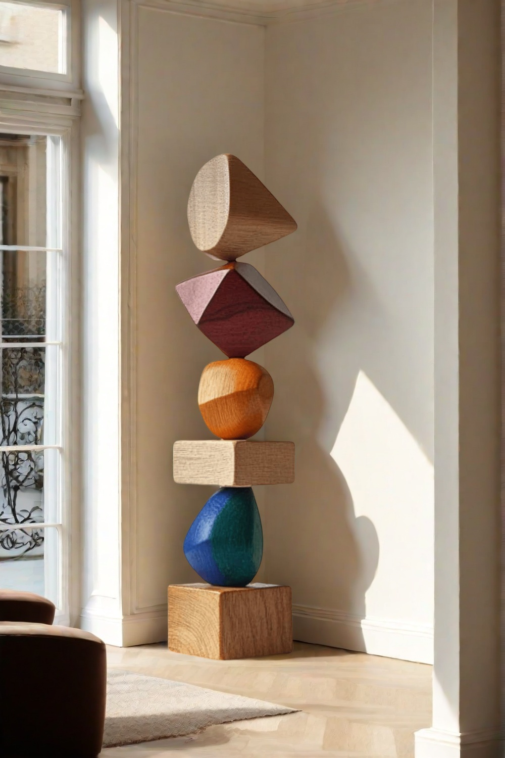 Polychrome Wood Sculpture Hand Carved Large Abstract Wooden Sculpture