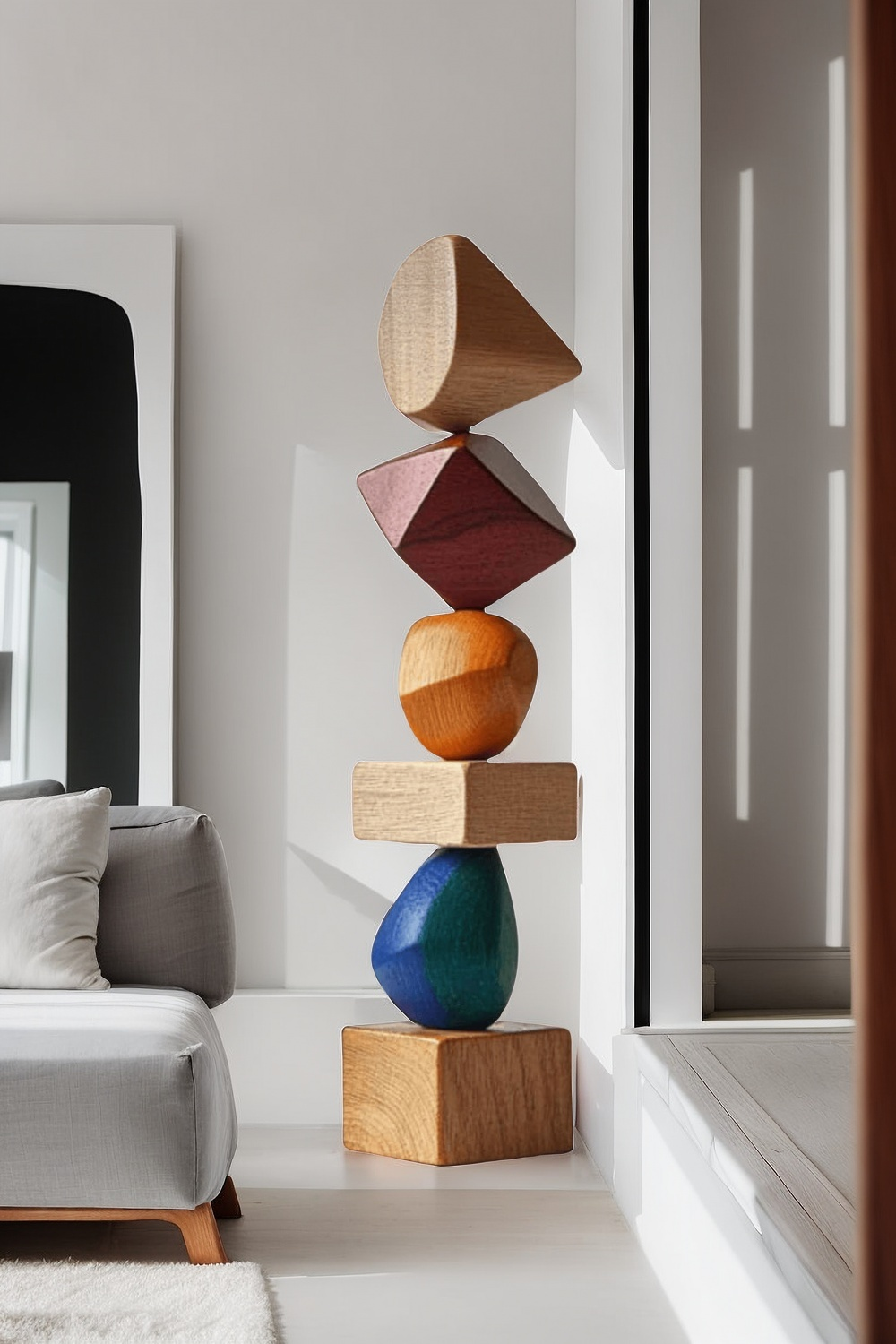 Polychrome Wood Sculpture Hand Carved Large Abstract Wooden Sculpture