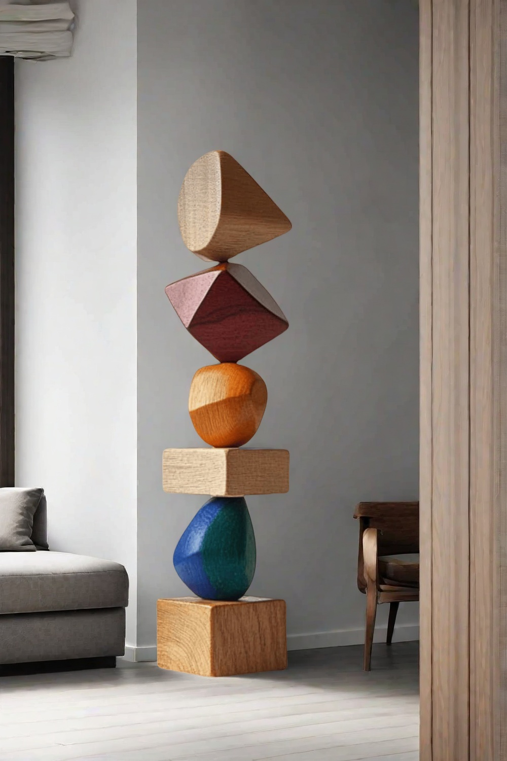 Polychrome Wood Sculpture Hand Carved Large Abstract Wooden Sculpture