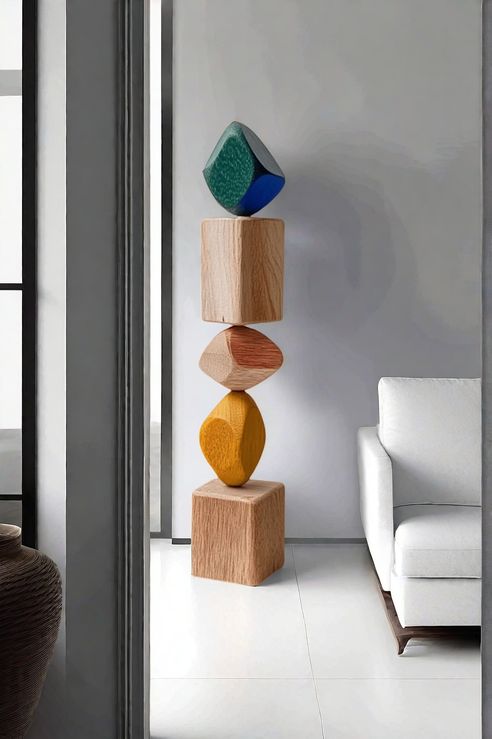 Polychrome Wood Sculpture Hand Carved Large Abstract Wooden Sculpture
