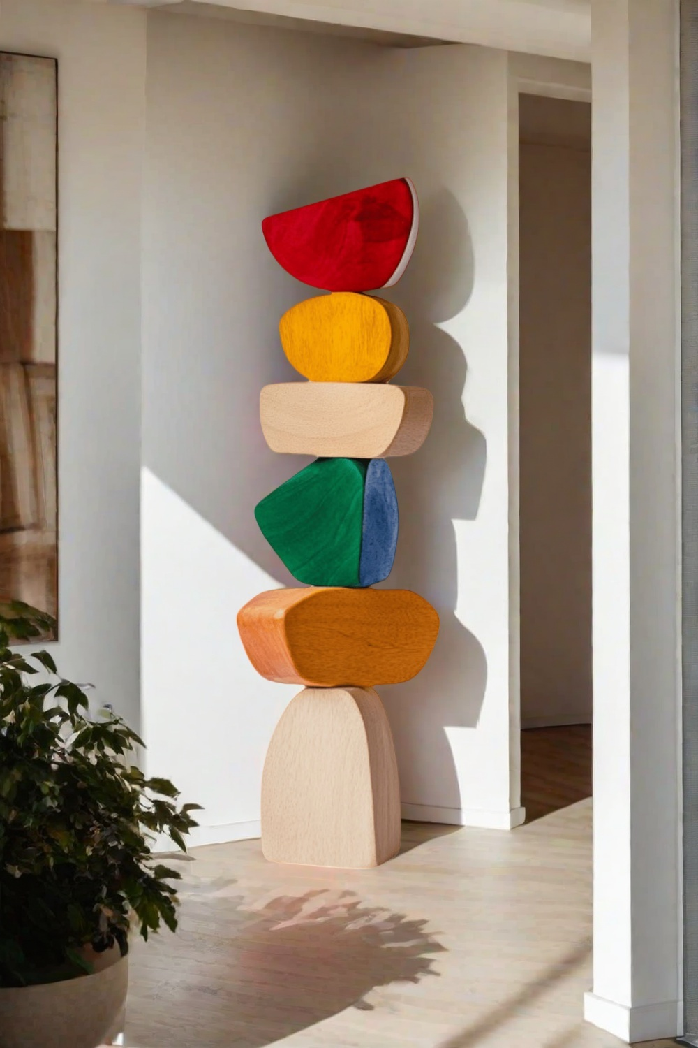 Polychrome Wood Sculpture Hand Carved Large Abstract Wooden Sculpture