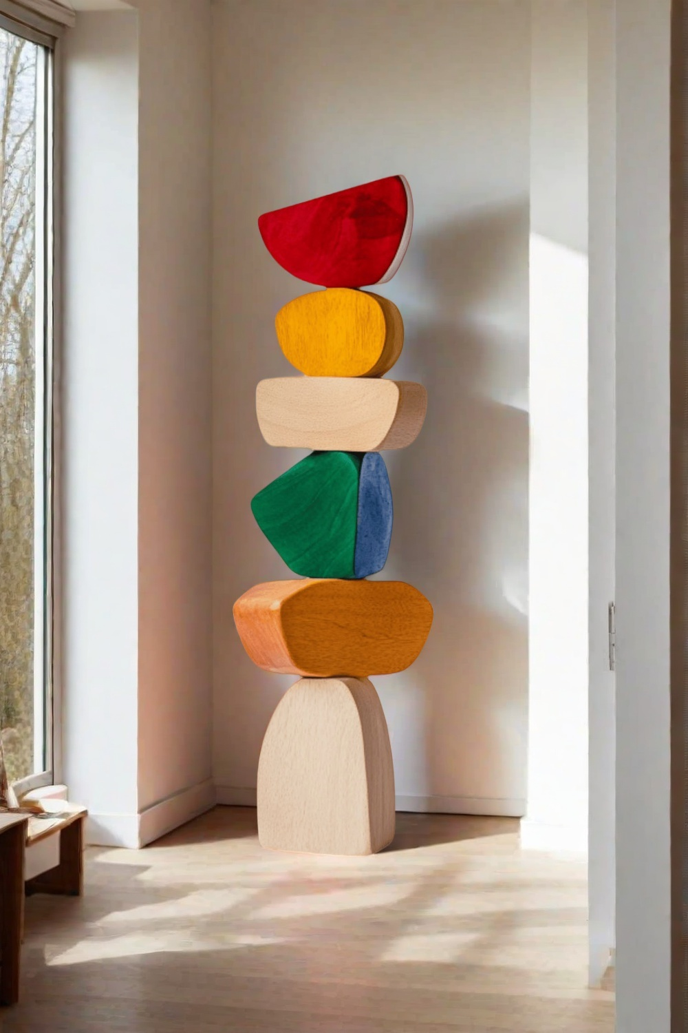 Polychrome Wood Sculpture Hand Carved Large Abstract Wooden Sculpture