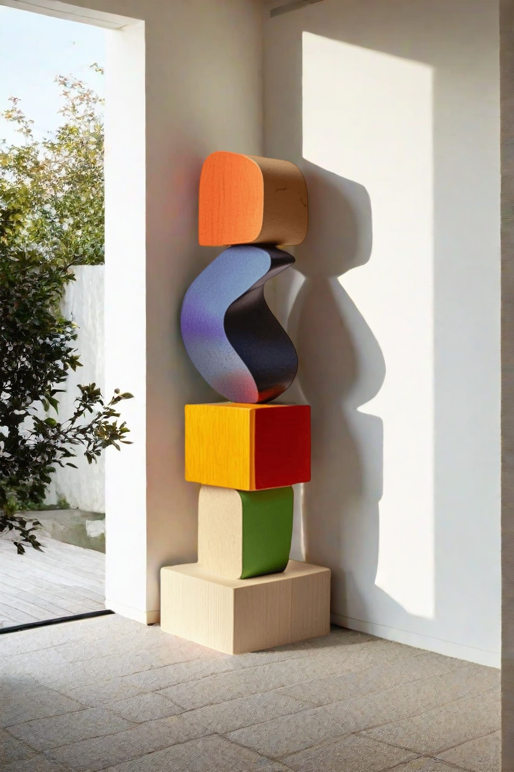 Large Colorful Minimalist Wood Sculpture Art Abstract Wooden Carving