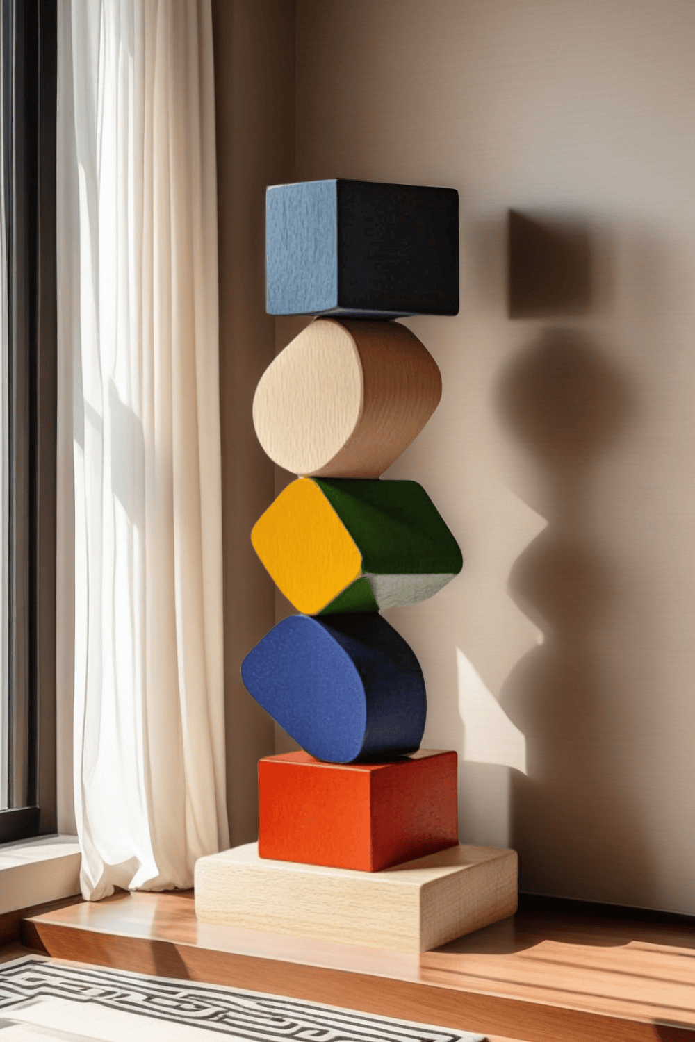 Large Colorful Minimalist Wood Sculpture Art Abstract Wooden Carving