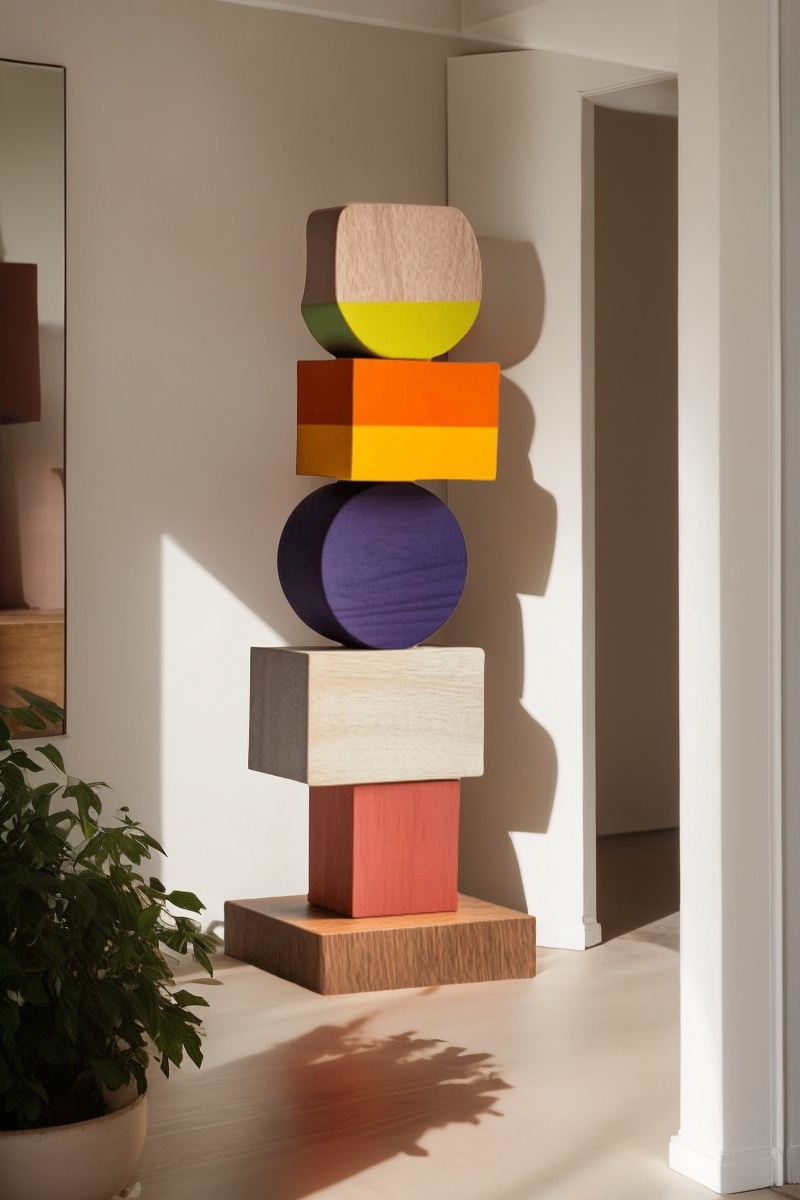 Large Colorful Minimalist Wood Sculpture Art Abstract Wooden Carving