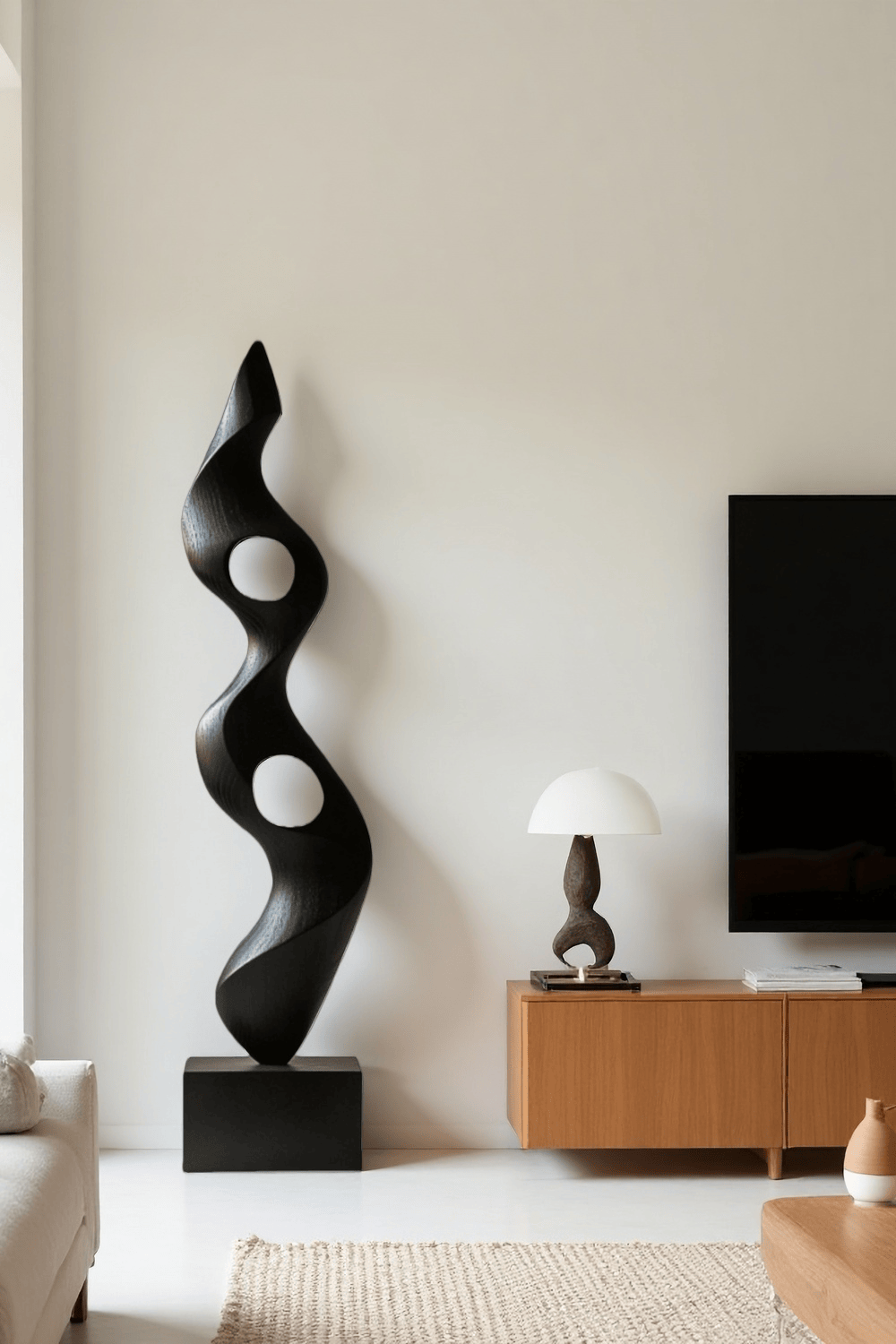 Large Modern Black Wooden Sculpture Abstract Handmade Floor Art Décor