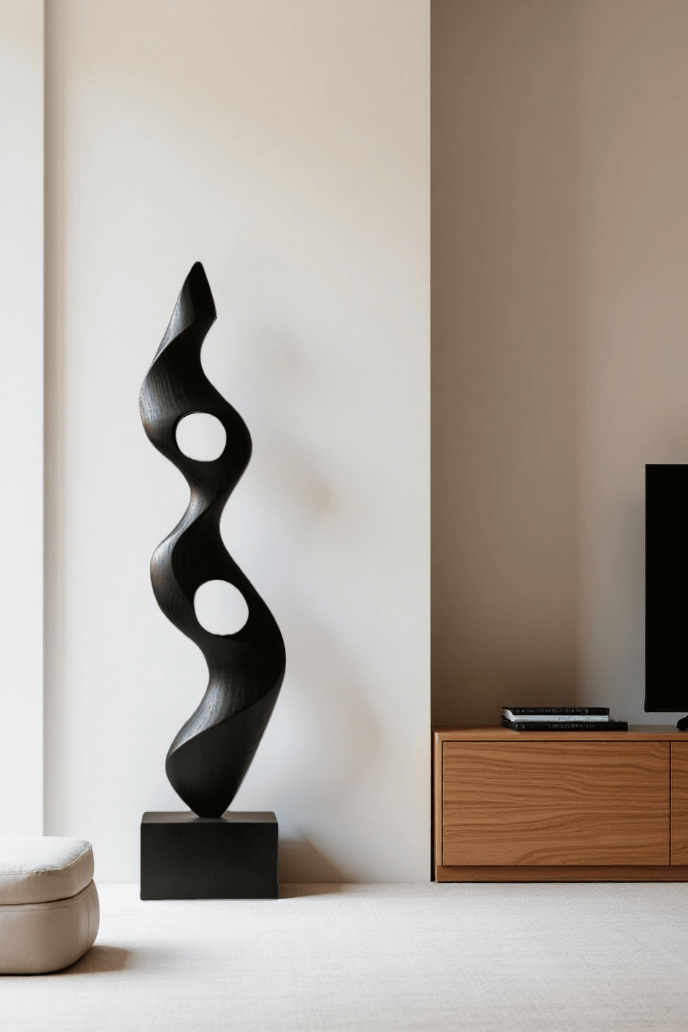 Large Modern Black Wooden Sculpture Abstract Handmade Floor Art Décor