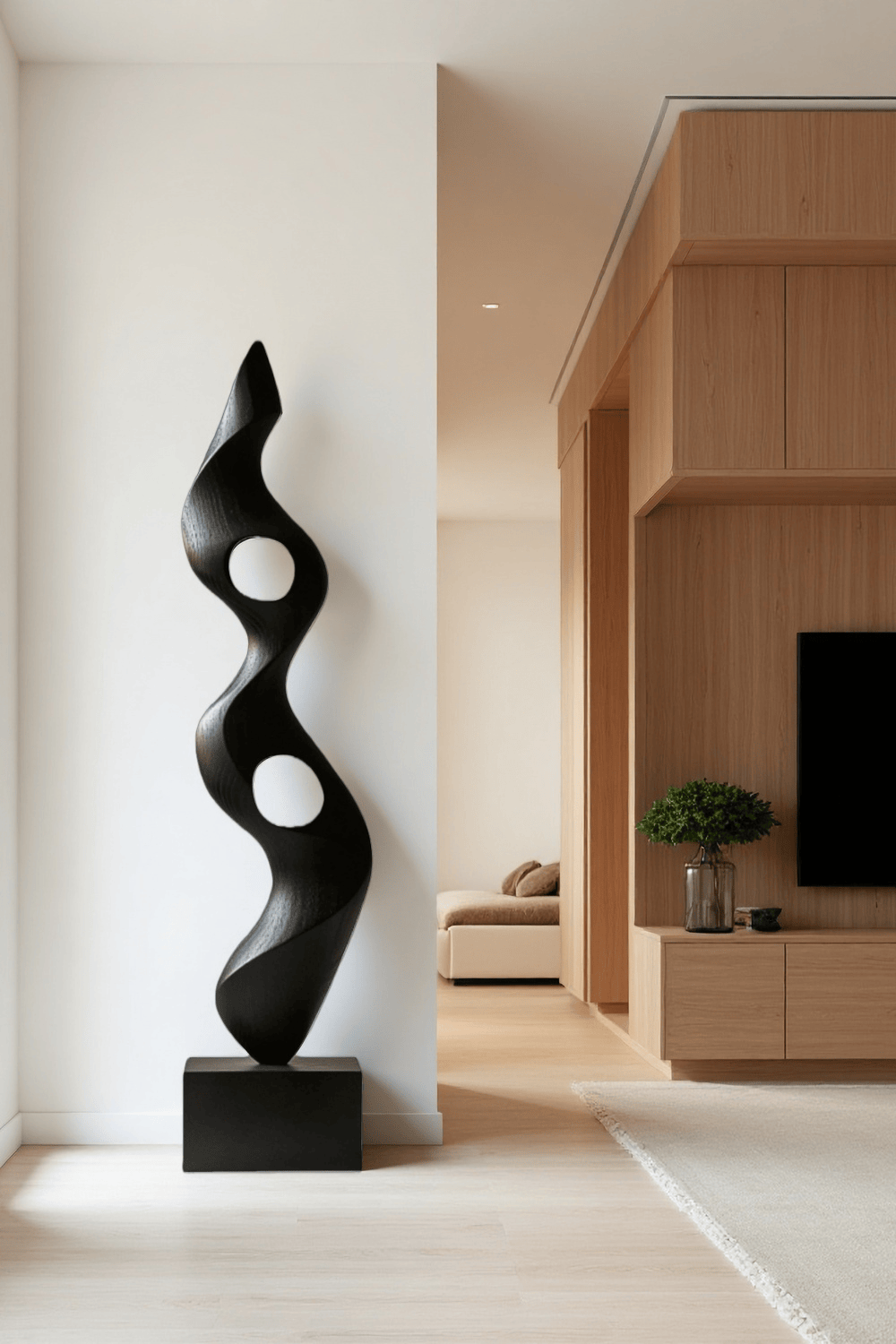 Large Modern Black Wooden Sculpture Abstract Handmade Floor Art Décor