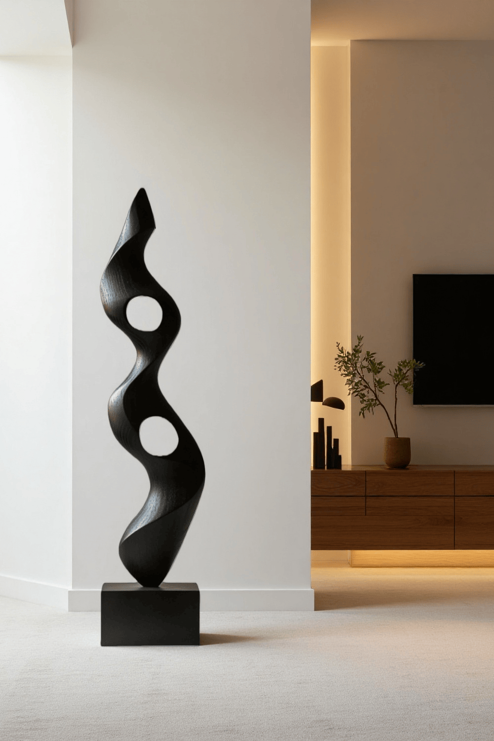 Large Modern Black Wooden Sculpture Abstract Handmade Floor Art Décor