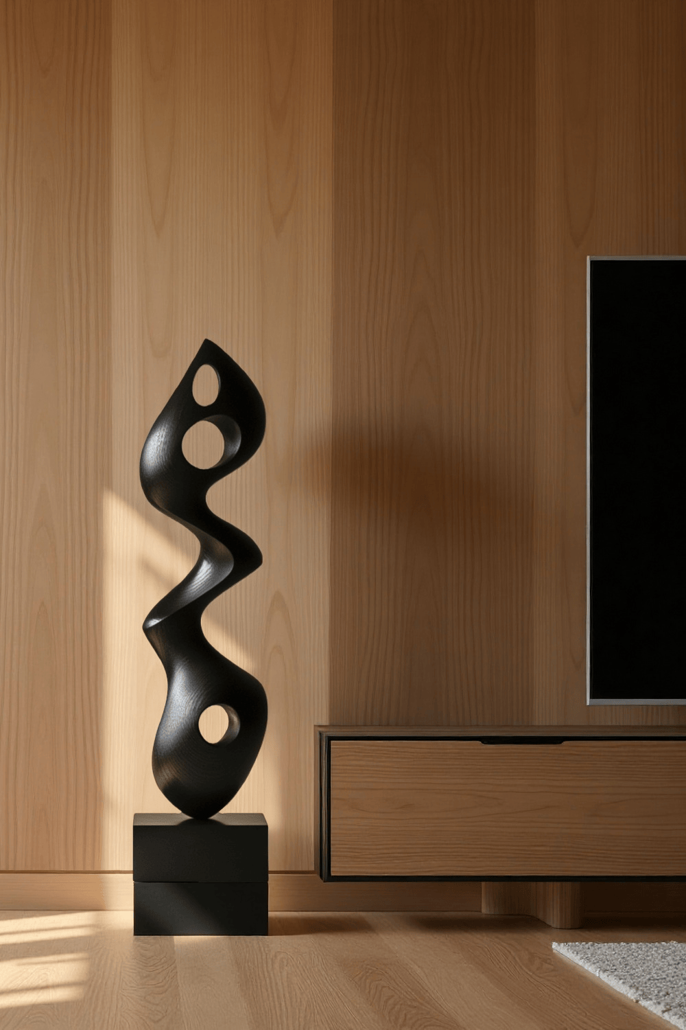 Large Modern Black Wooden Sculpture Abstract Handmade Floor Art Décor