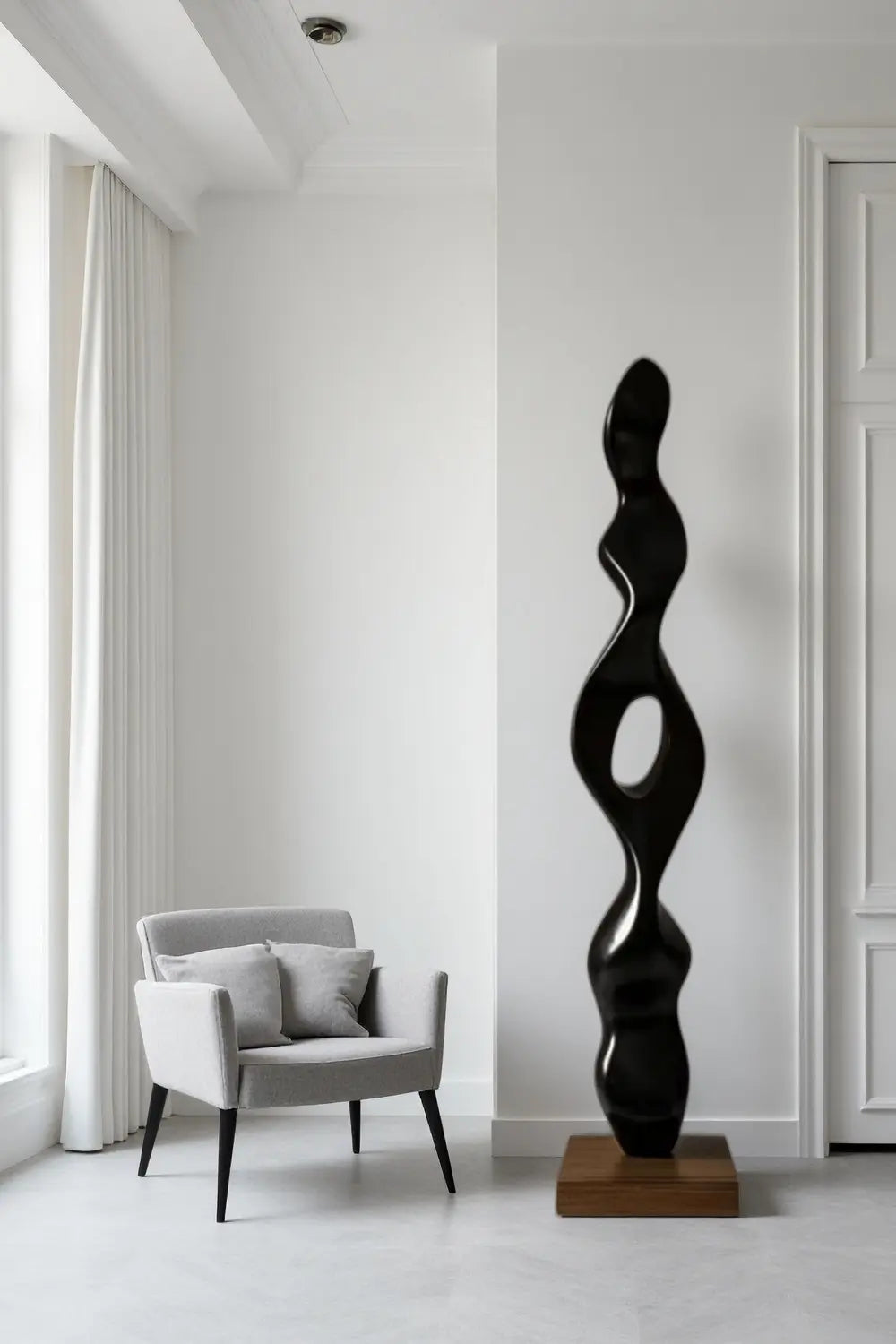 Tall Abstract Black Wood Floor Sculpture Modern Standing Art for Living Room