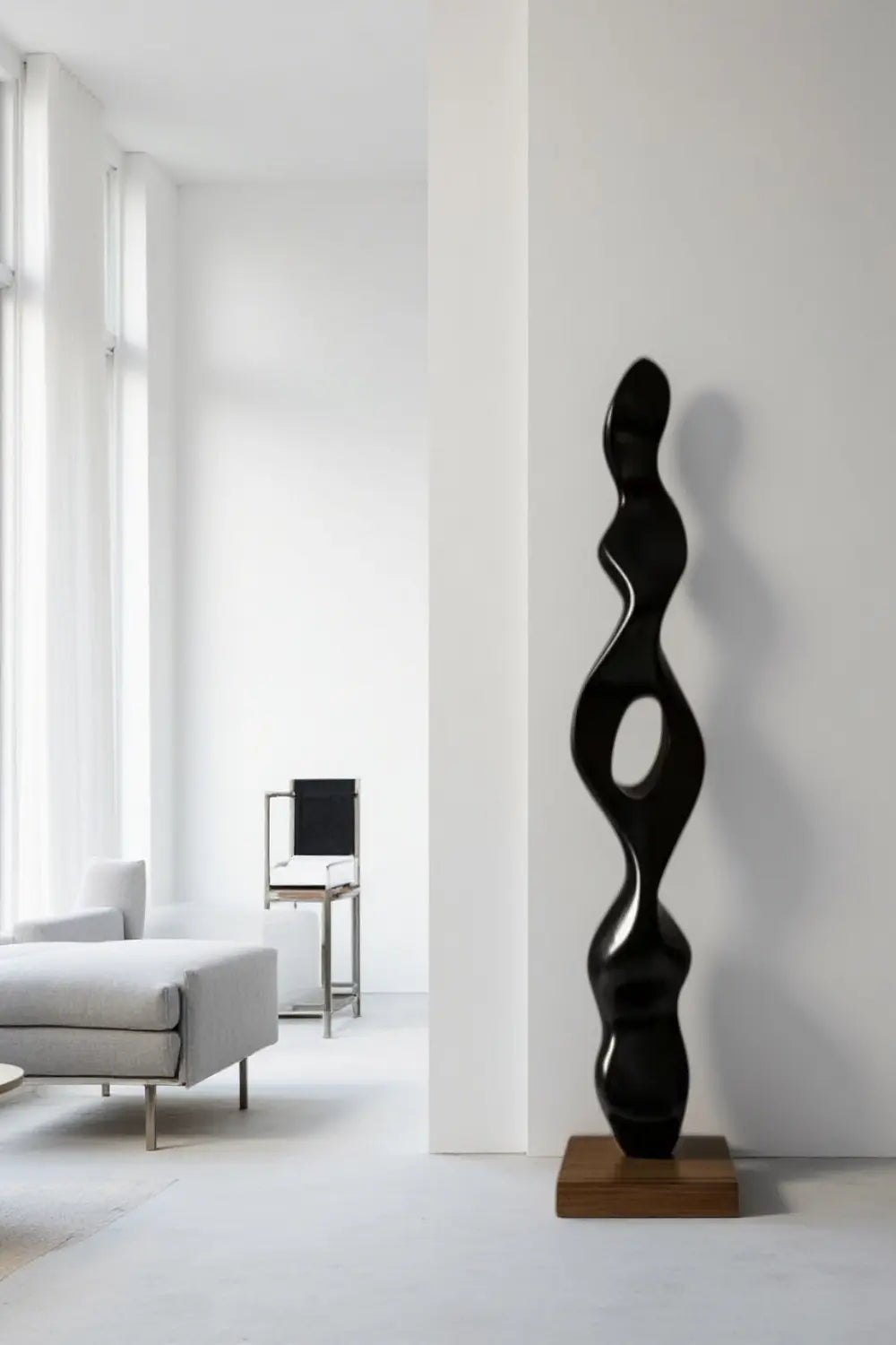 Tall Abstract Black Wood Floor Sculpture Modern Standing Art for Living Room