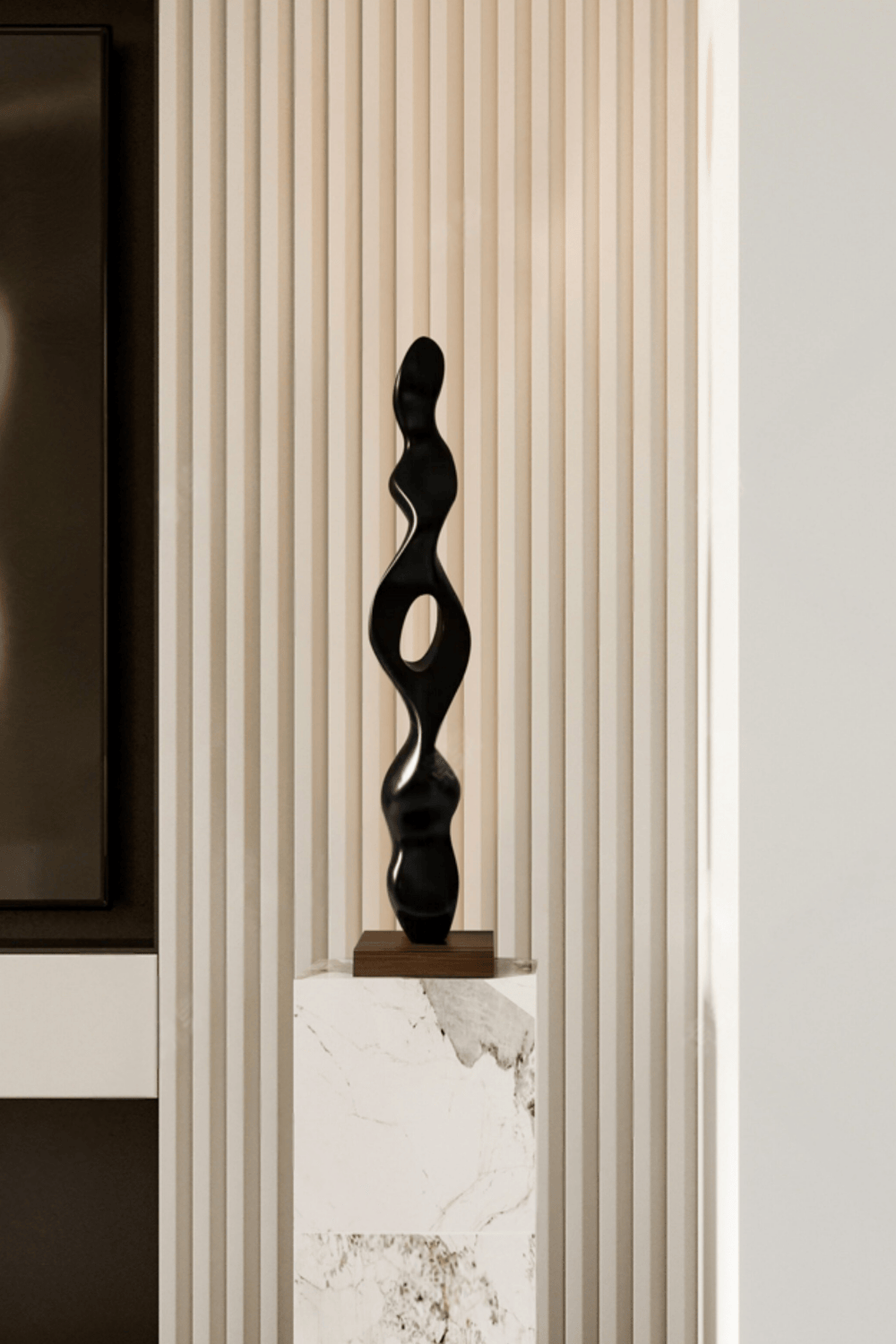 Tall Abstract Black Wood Floor Sculpture Modern Standing Art for Living Room
