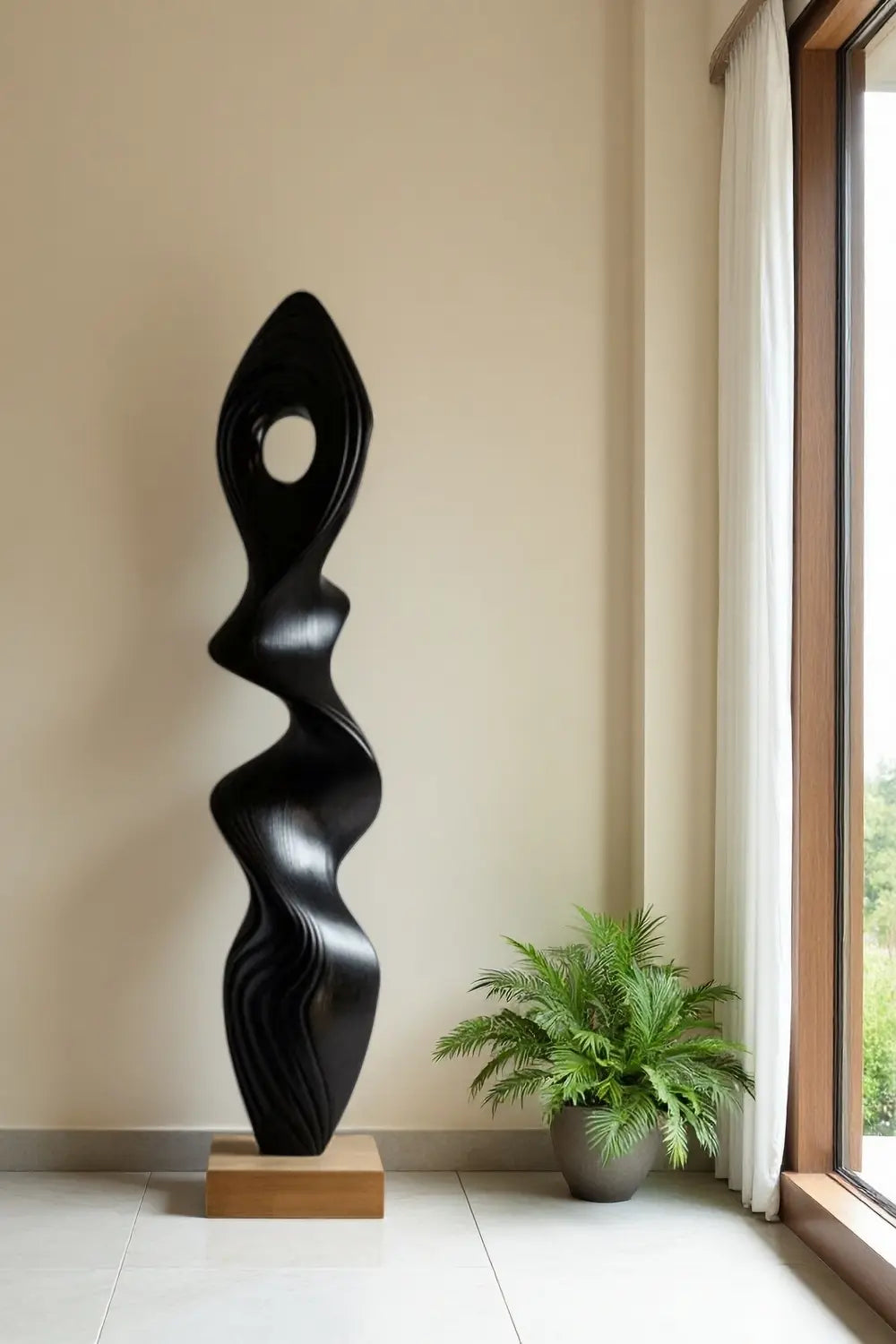 Tall Abstract Black Wood Floor Sculpture Modern Standing Art for Living Room