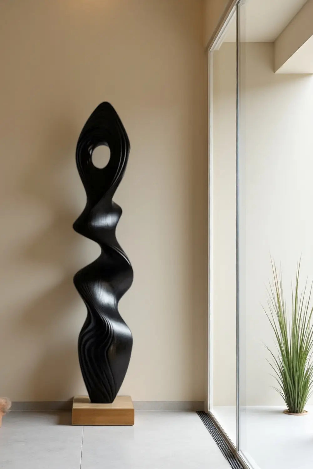 Tall Abstract Black Wood Floor Sculpture Modern Standing Art for Living Room