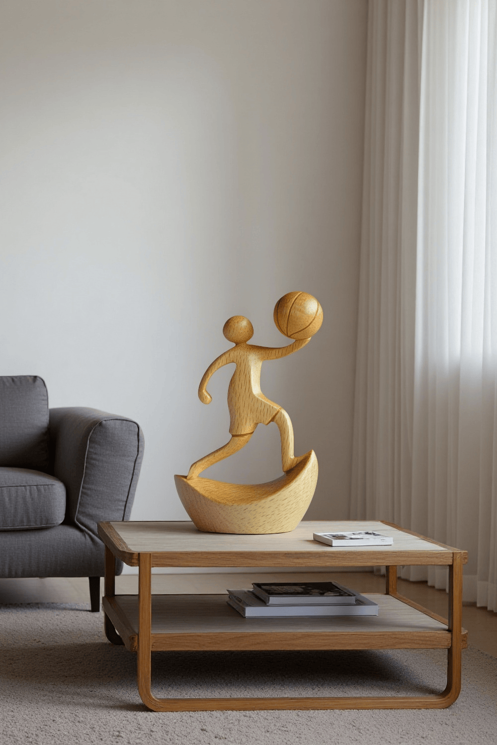 Wooden Basketball Sculpture Handmade Sports Figurine Home Office Decor