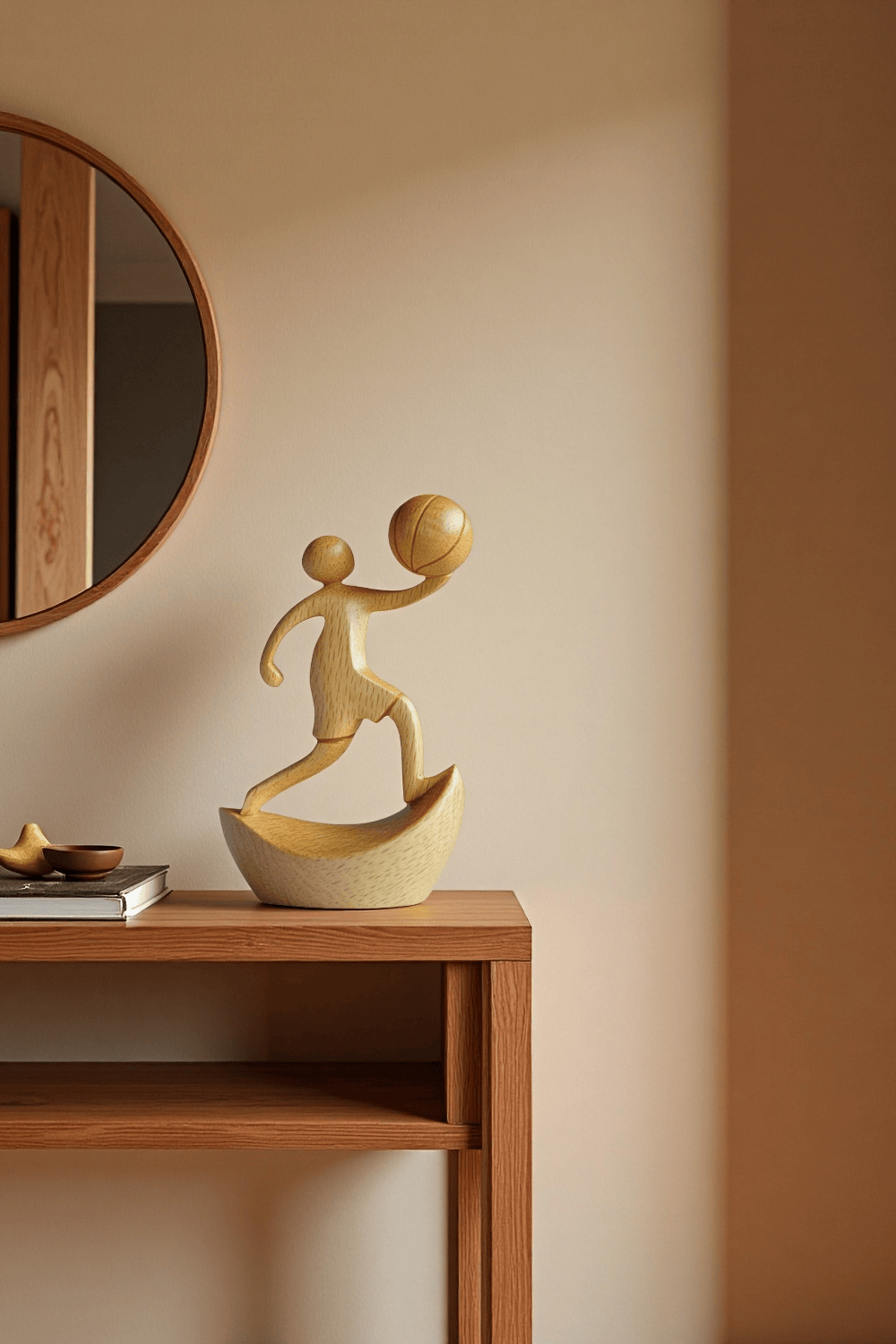 Wooden Basketball Sculpture Handmade Sports Figurine Home Office Decor